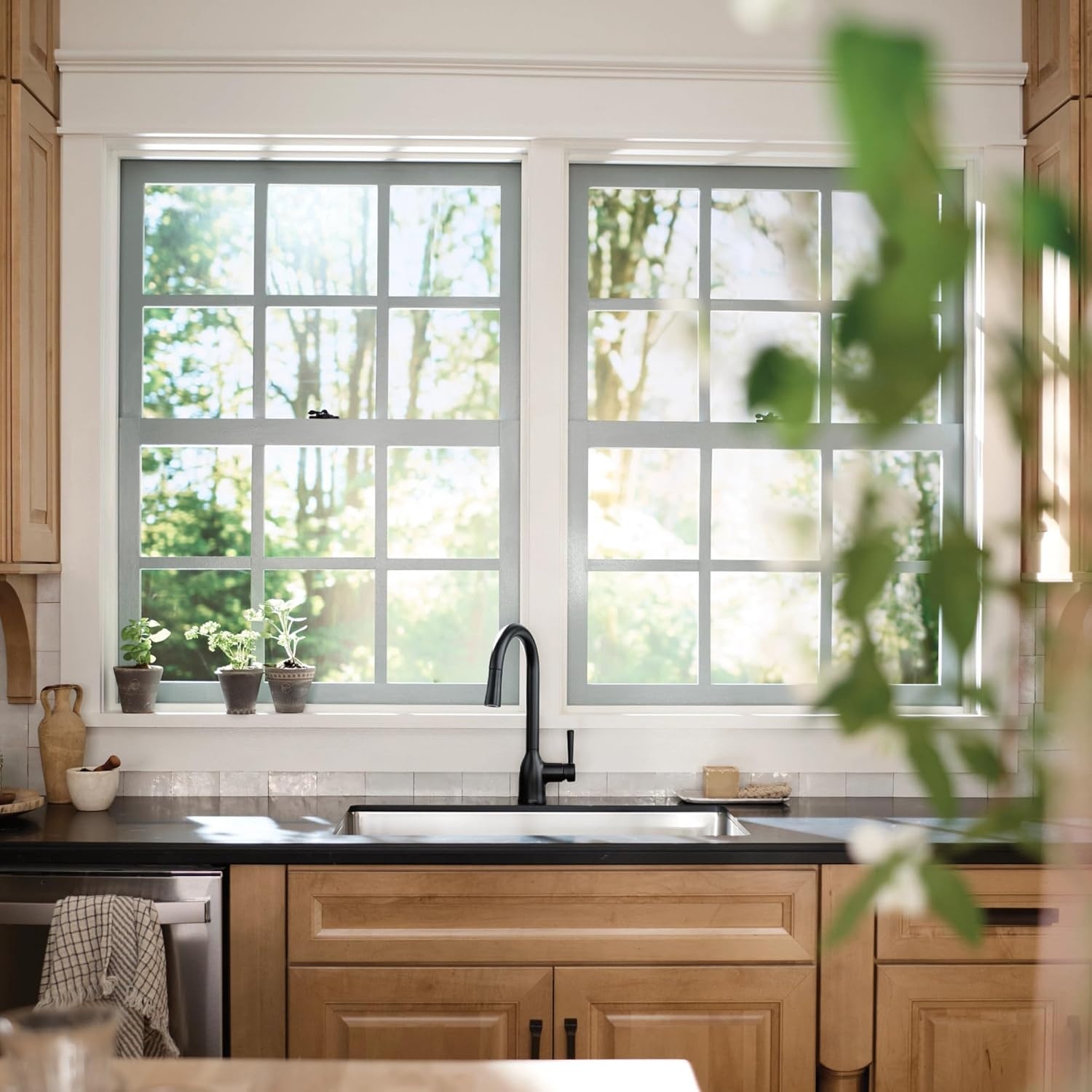 image:imageMoen Adler Mediterranean Bronze OneHandle High Arc Modern Kitchen Faucet with Power Clean and Pull Down Spray Head 87233BRBMatte Black