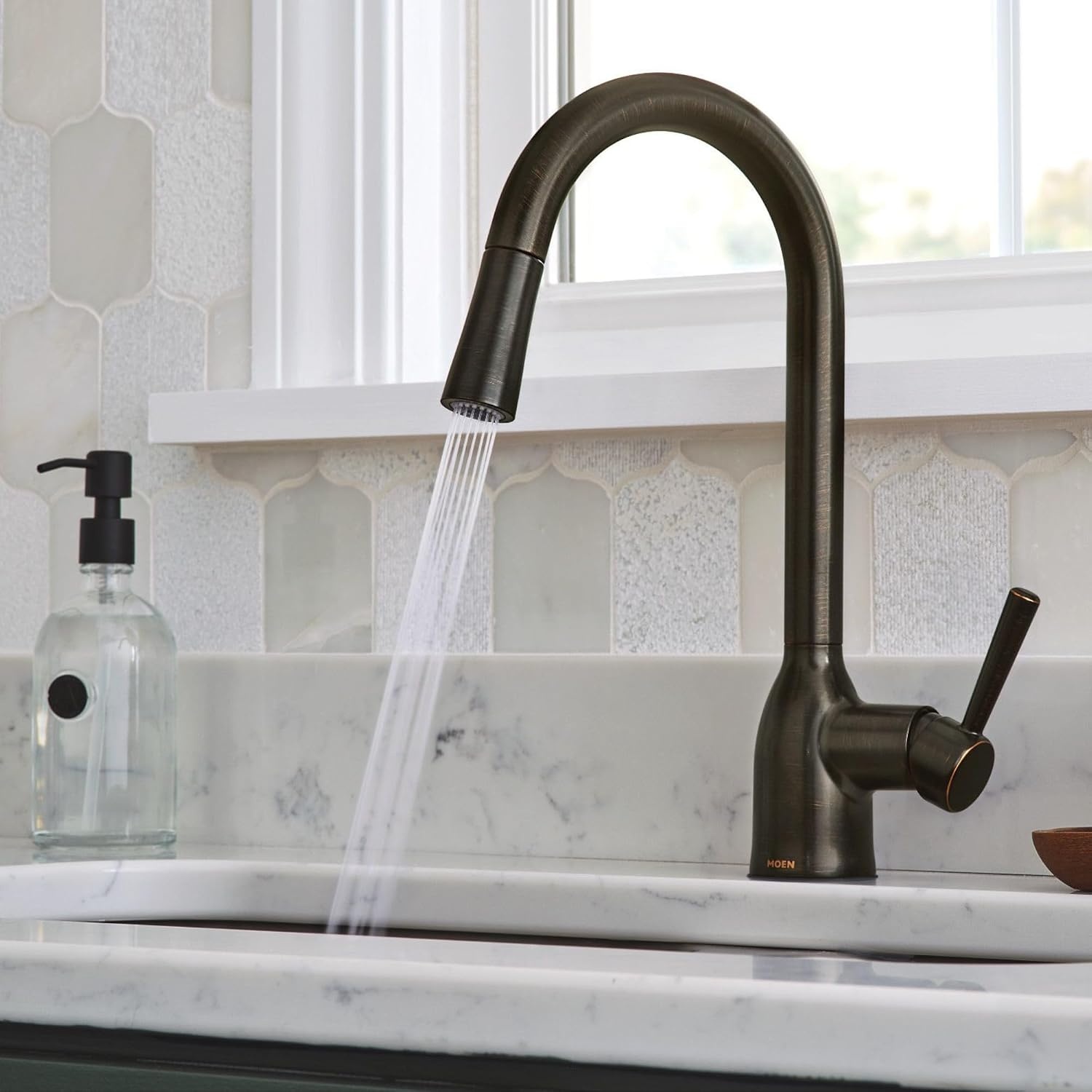 image:imageMoen Adler Mediterranean Bronze OneHandle High Arc Modern Kitchen Faucet with Power Clean and Pull Down Spray Head 87233BRBMediterranean Bronze