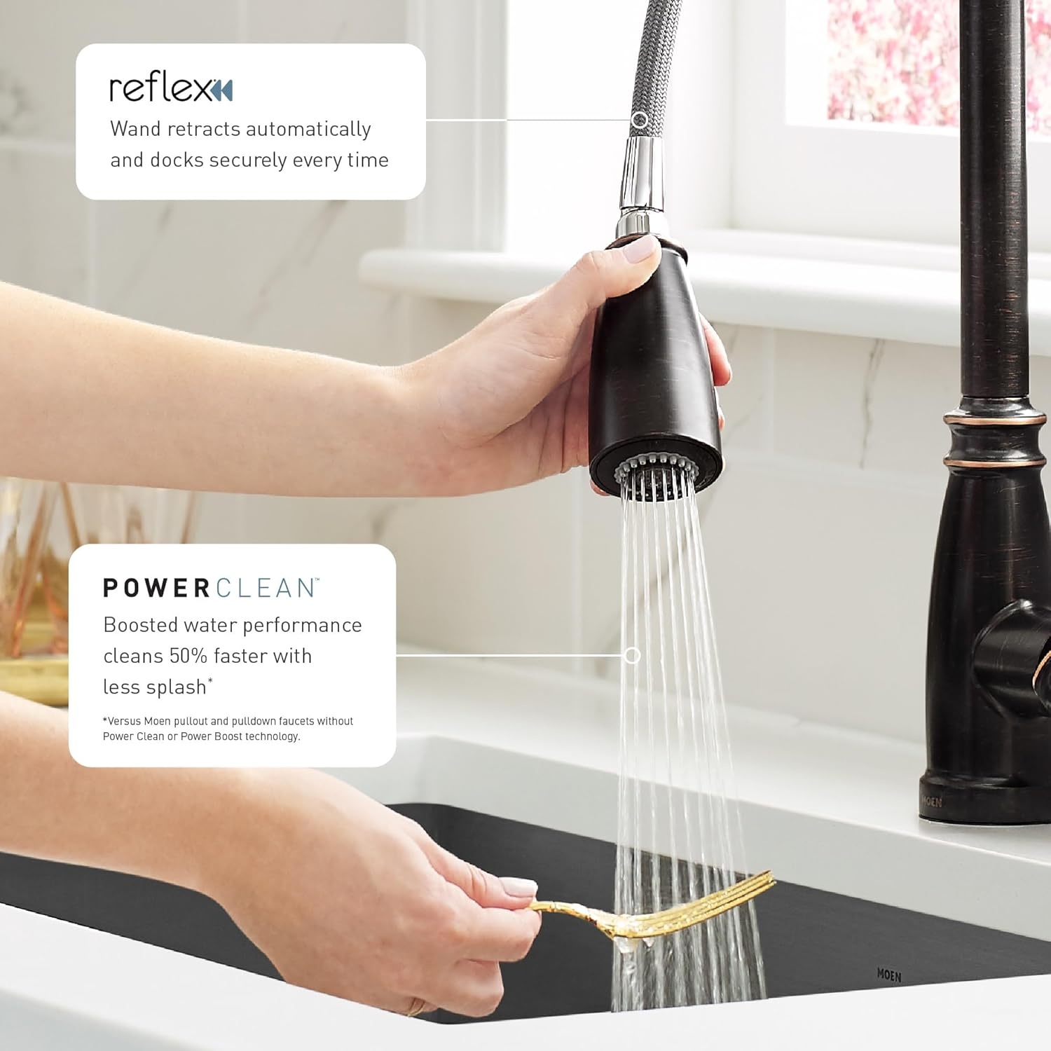 image:imageMoen Adler Mediterranean Bronze OneHandle High Arc Modern Kitchen Faucet with Power Clean and Pull Down Spray Head 87233BRBMediterranean Bronze