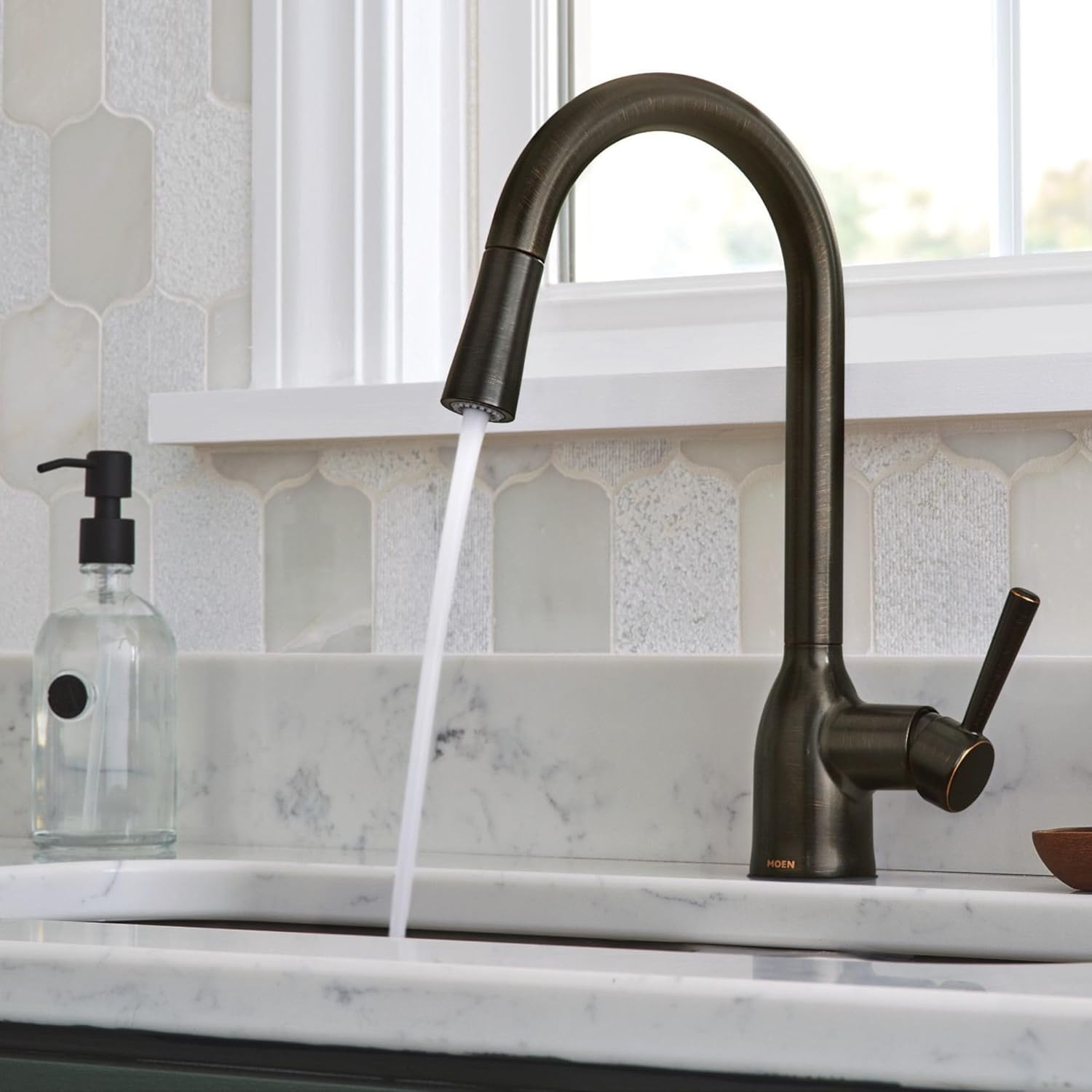 image:imageMoen Adler Mediterranean Bronze OneHandle High Arc Modern Kitchen Faucet with Power Clean and Pull Down Spray Head 87233BRBMediterranean Bronze