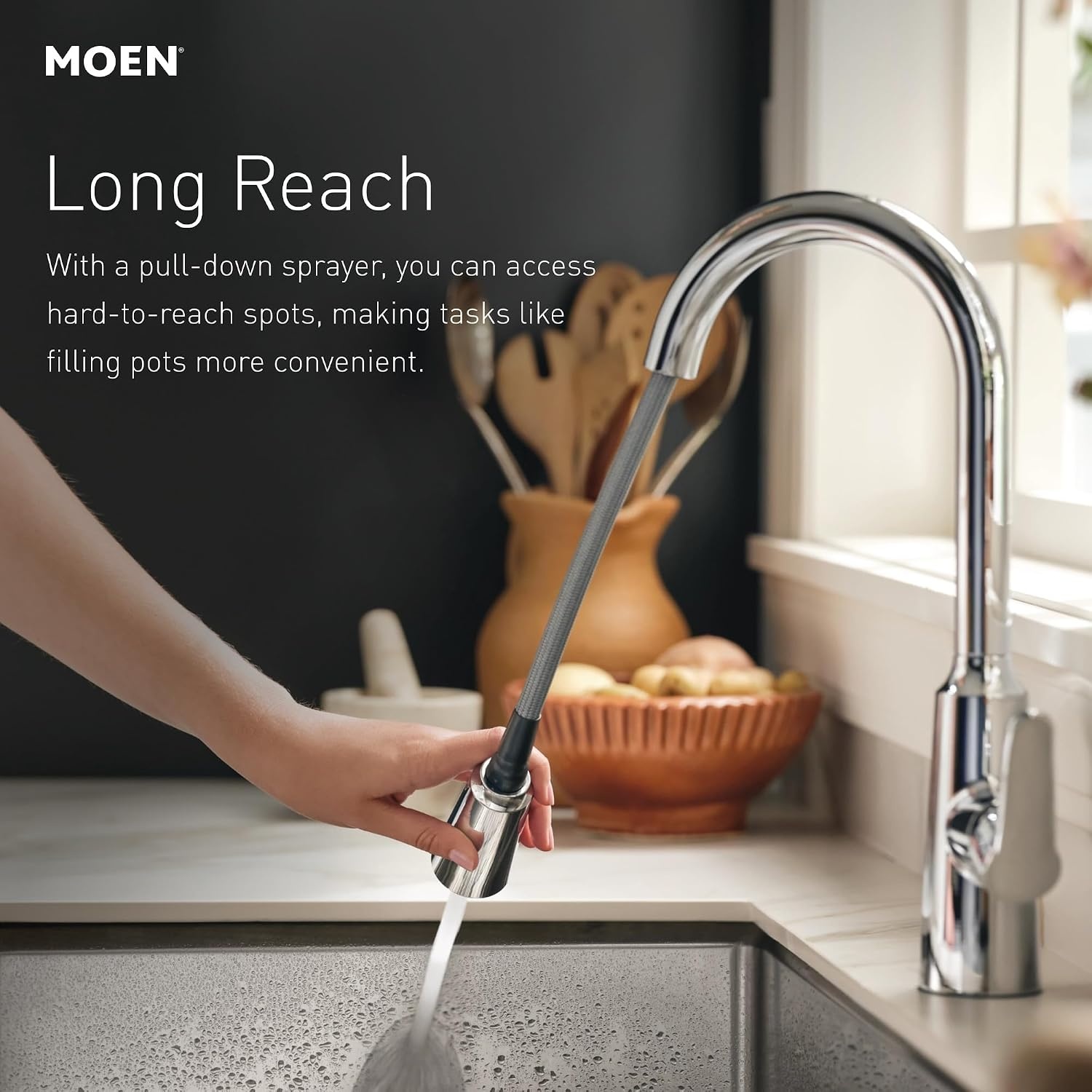 image:imageMoen Adler Mediterranean Bronze OneHandle High Arc Modern Kitchen Faucet with Power Clean and Pull Down Spray Head 87233BRBMediterranean Bronze