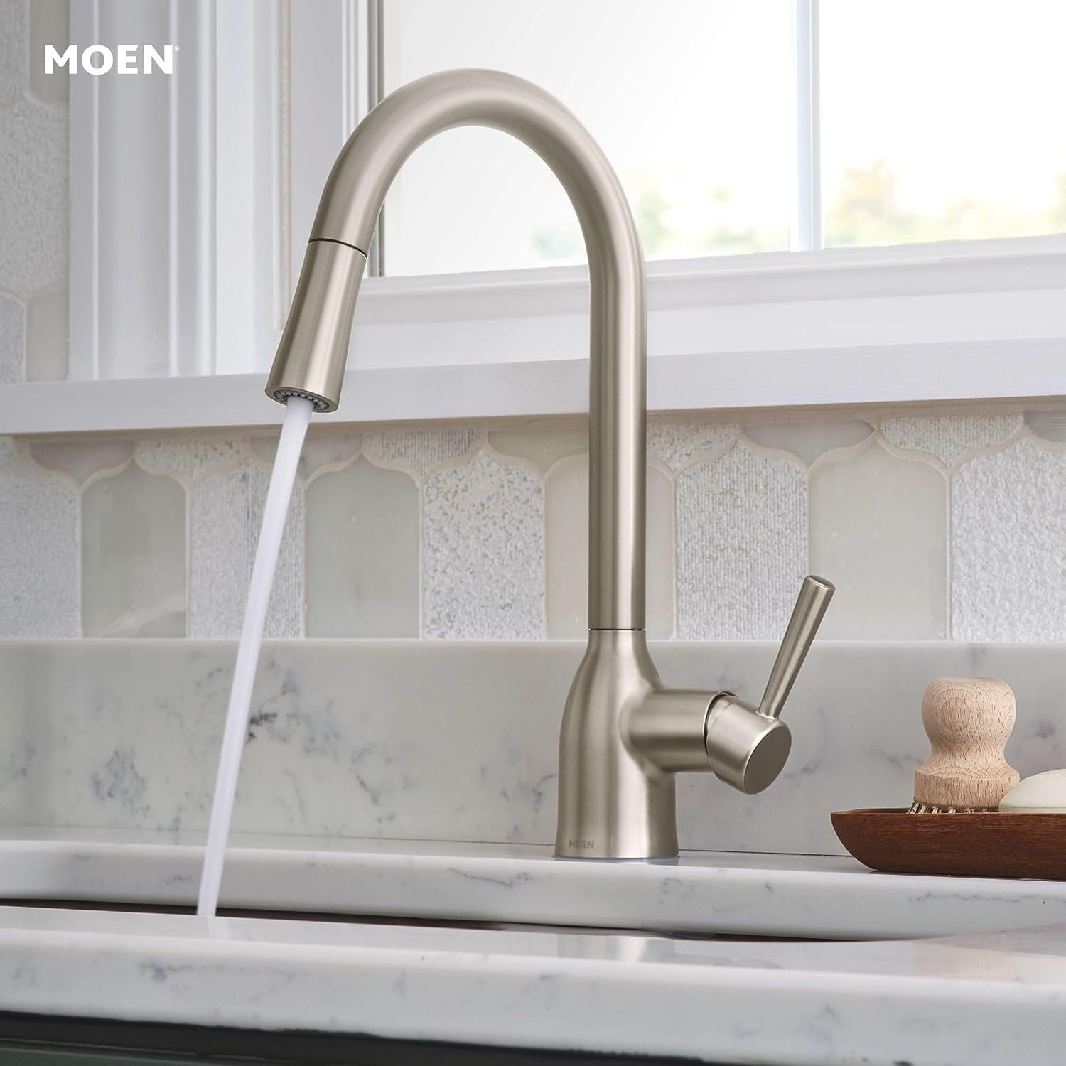 image:imageMoen Adler Mediterranean Bronze OneHandle High Arc Modern Kitchen Faucet with Power Clean and Pull Down Spray Head 87233BRBSpot Resist Stainless