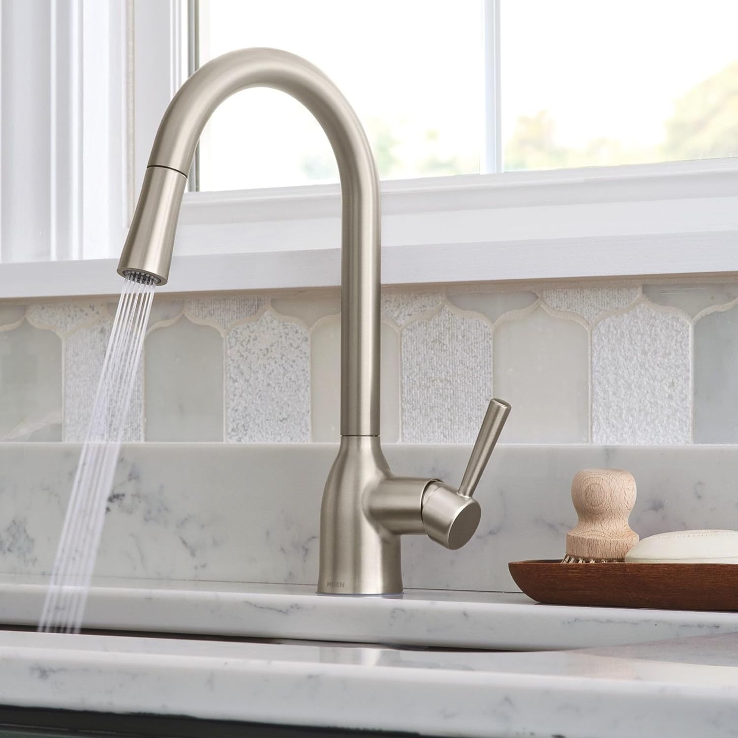 image:imageMoen Adler Mediterranean Bronze OneHandle High Arc Modern Kitchen Faucet with Power Clean and Pull Down Spray Head 87233BRBSpot Resist Stainless