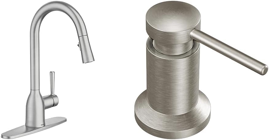 image:imageMoen Adler Mediterranean Bronze OneHandle High Arc Modern Kitchen Faucet with Power Clean and Pull Down Spray Head 87233BRBSpot Resist Stainless