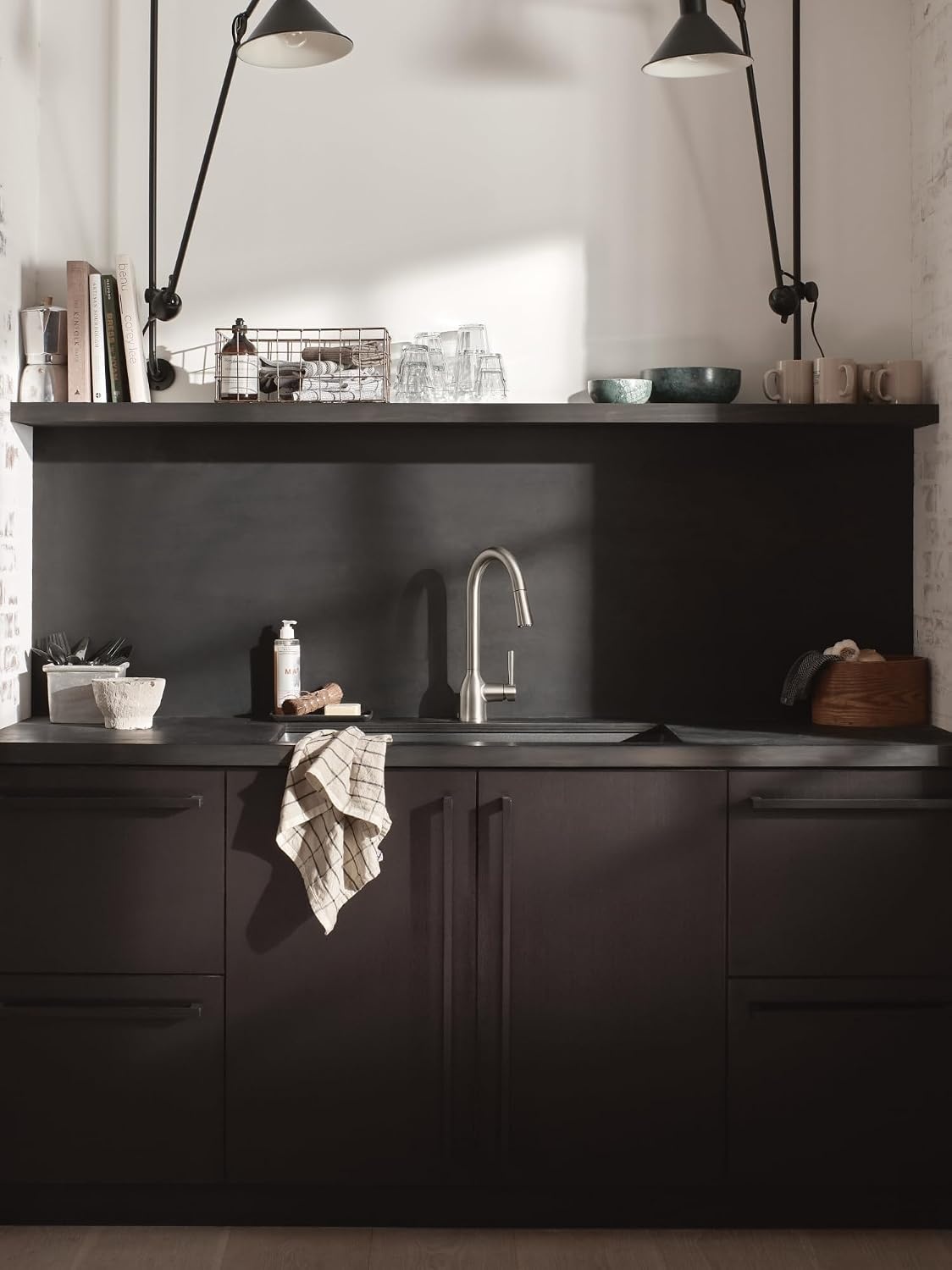 image:imageMoen Adler Mediterranean Bronze OneHandle High Arc Modern Kitchen Faucet with Power Clean and Pull Down Spray Head 87233BRBSpot Resist Stainless