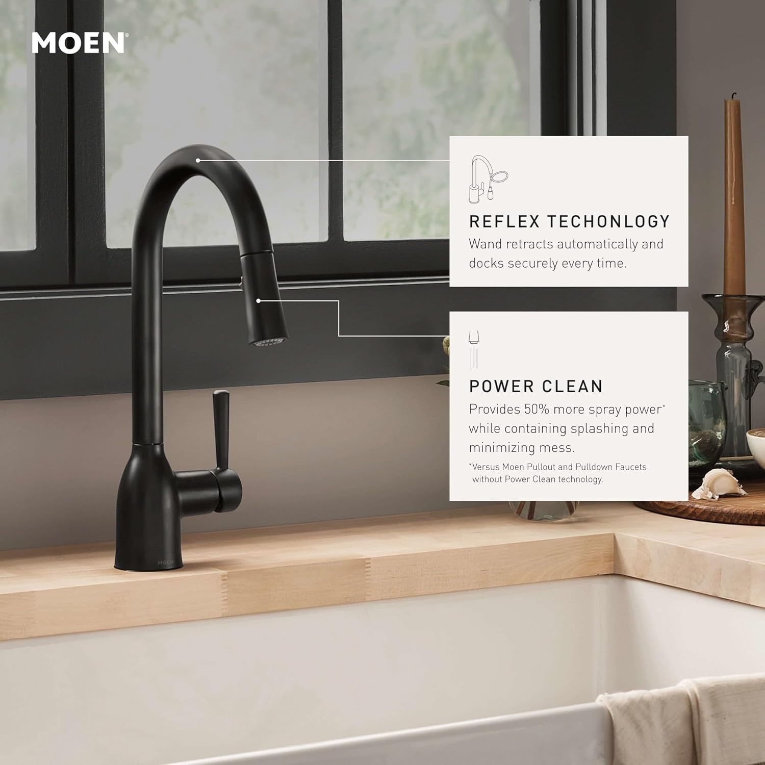 image:imageMoen Adler Mediterranean Bronze OneHandle High Arc Modern Kitchen Faucet with Power Clean and Pull Down Spray Head 87233BRBSpot Resist Stainless