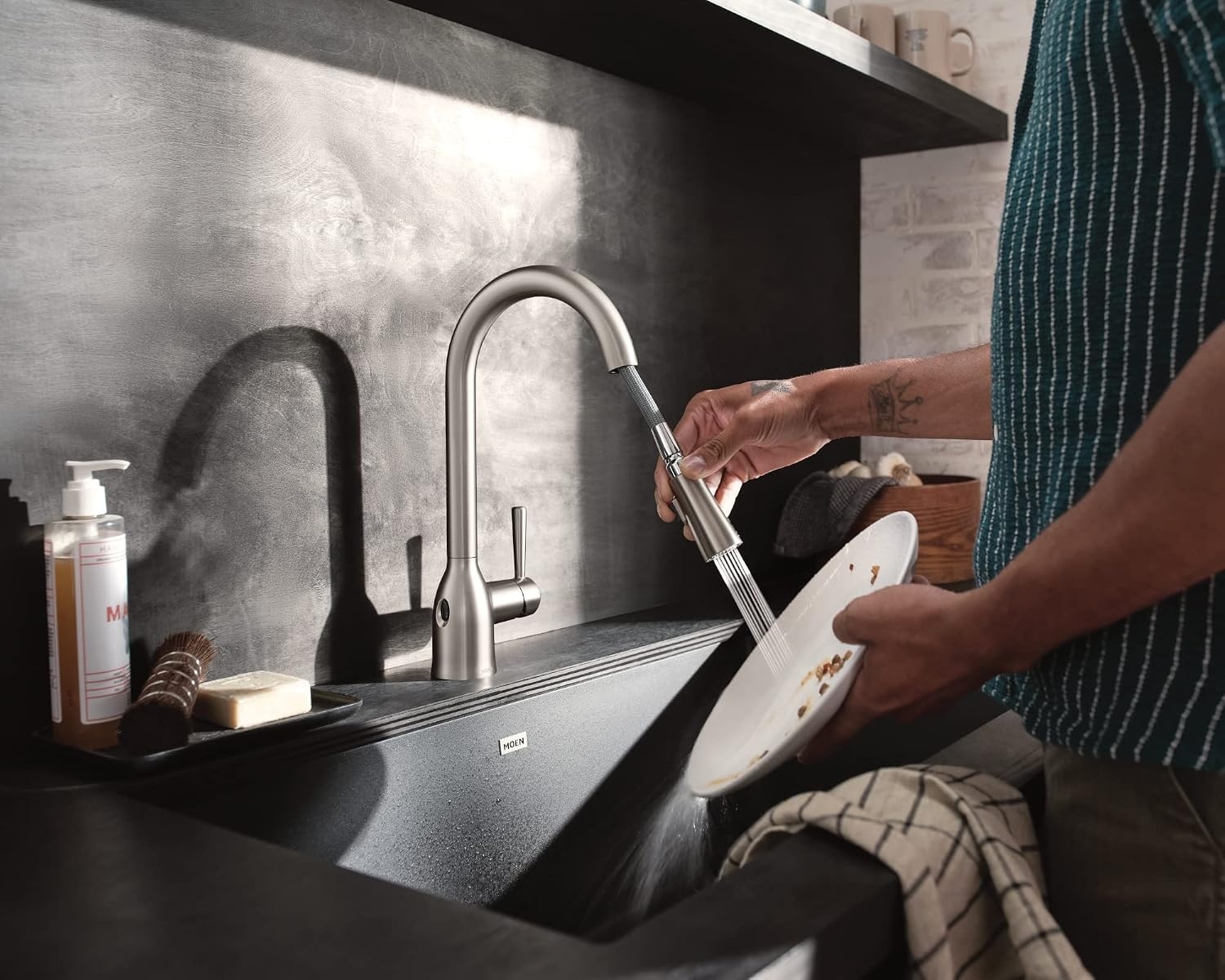image:imageMoen Adler Mediterranean Bronze OneHandle High Arc Modern Kitchen Faucet with Power Clean and Pull Down Spray Head 87233BRBSpot Resist Stainless