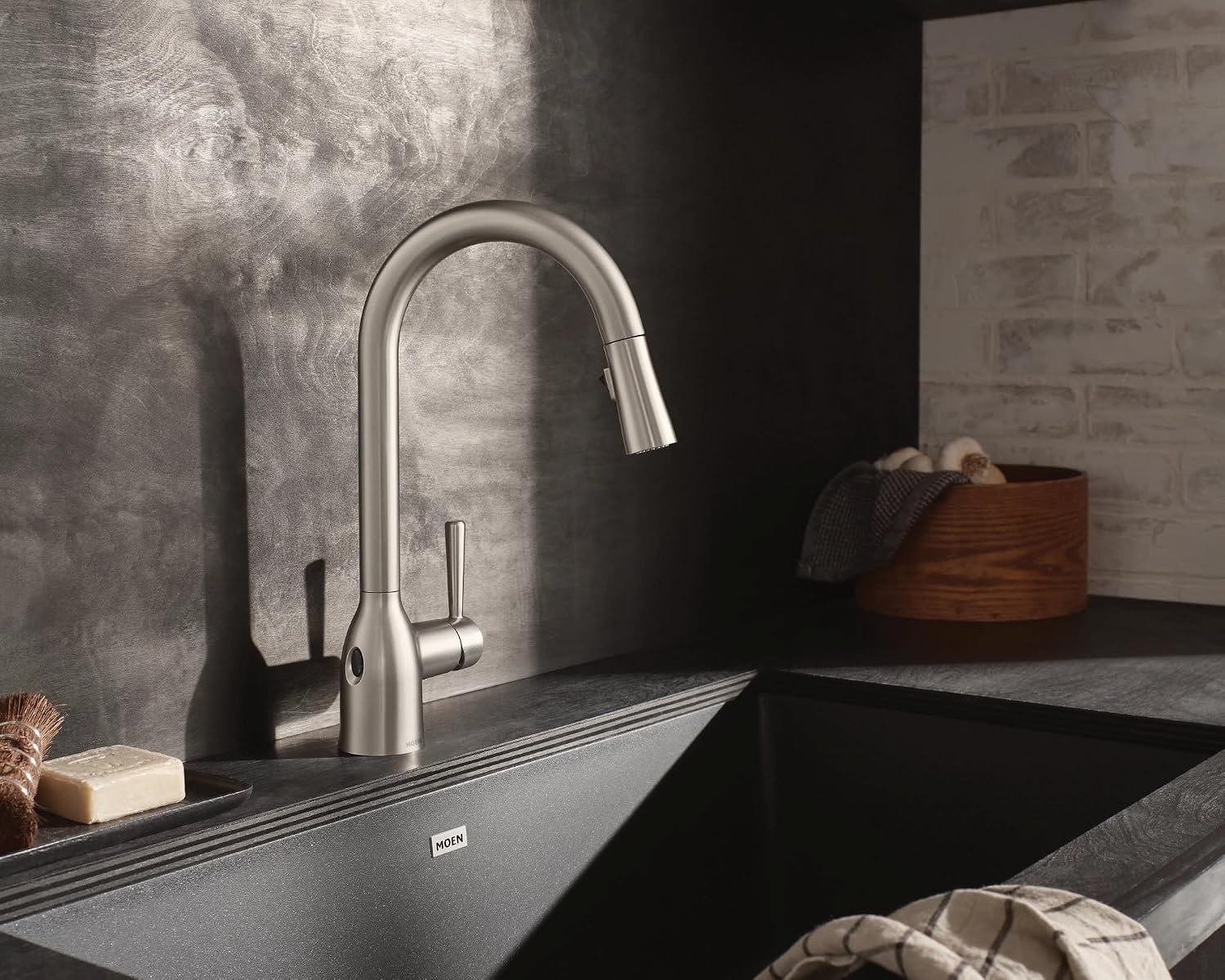 image:imageMoen Adler Mediterranean Bronze OneHandle High Arc Modern Kitchen Faucet with Power Clean and Pull Down Spray Head 87233BRBSpot Resist Stainless