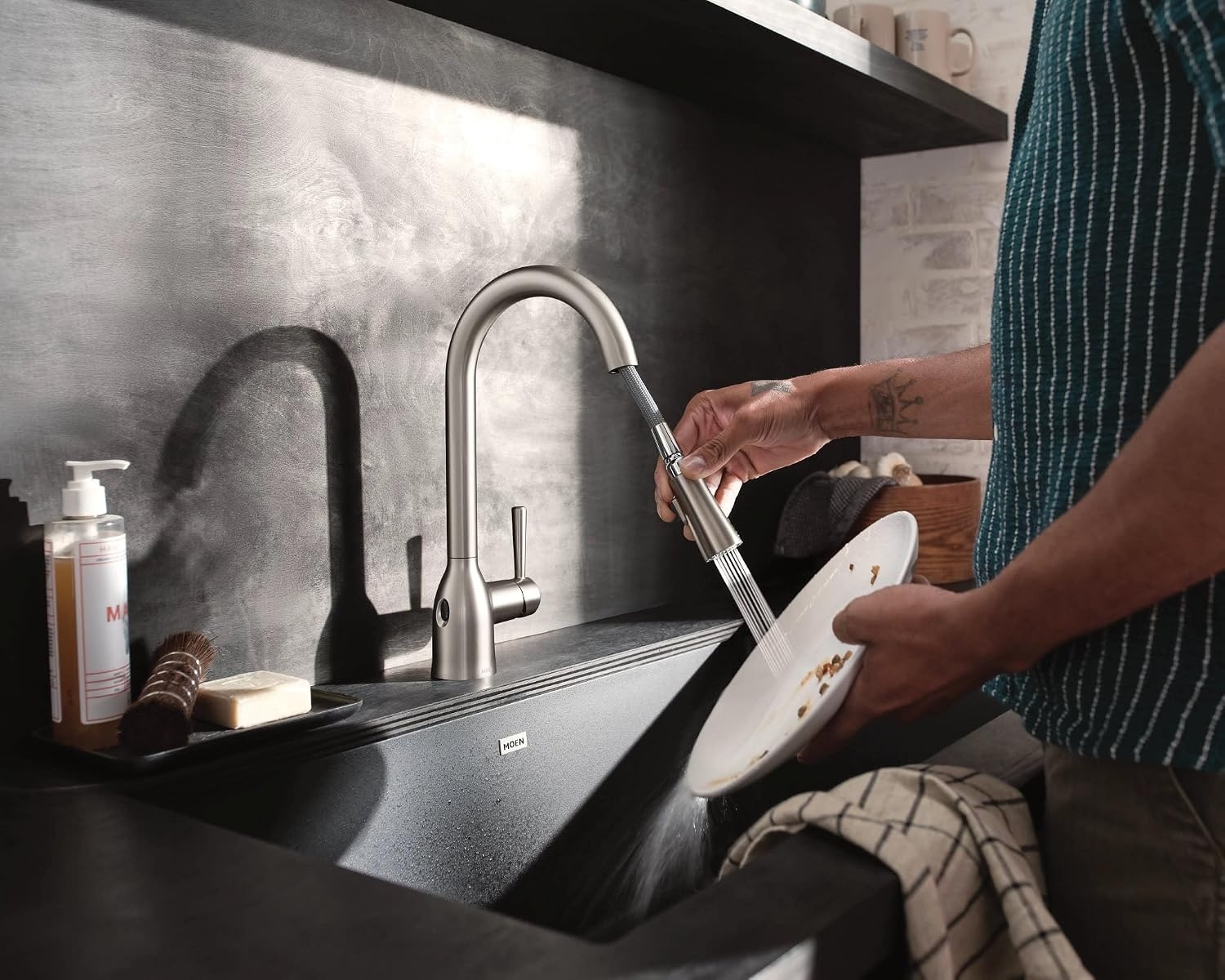 image:imageMoen Adler Mediterranean Bronze OneHandle High Arc Modern Kitchen Faucet with Power Clean and Pull Down Spray Head 87233BRBSpot Resist Stainless