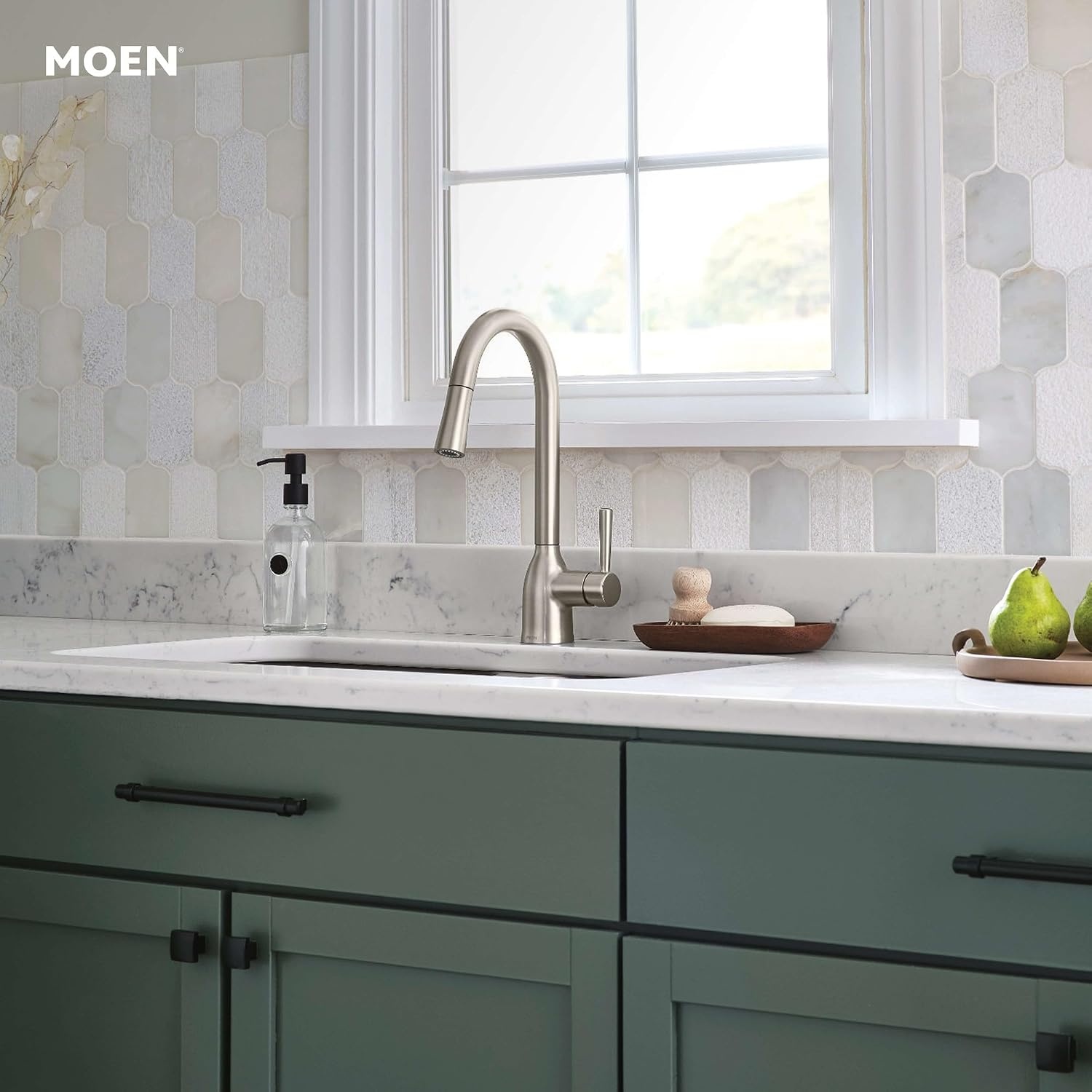 image:imageMoen Adler Mediterranean Bronze OneHandle High Arc Modern Kitchen Faucet with Power Clean and Pull Down Spray Head 87233BRBSpot Resist Stainless