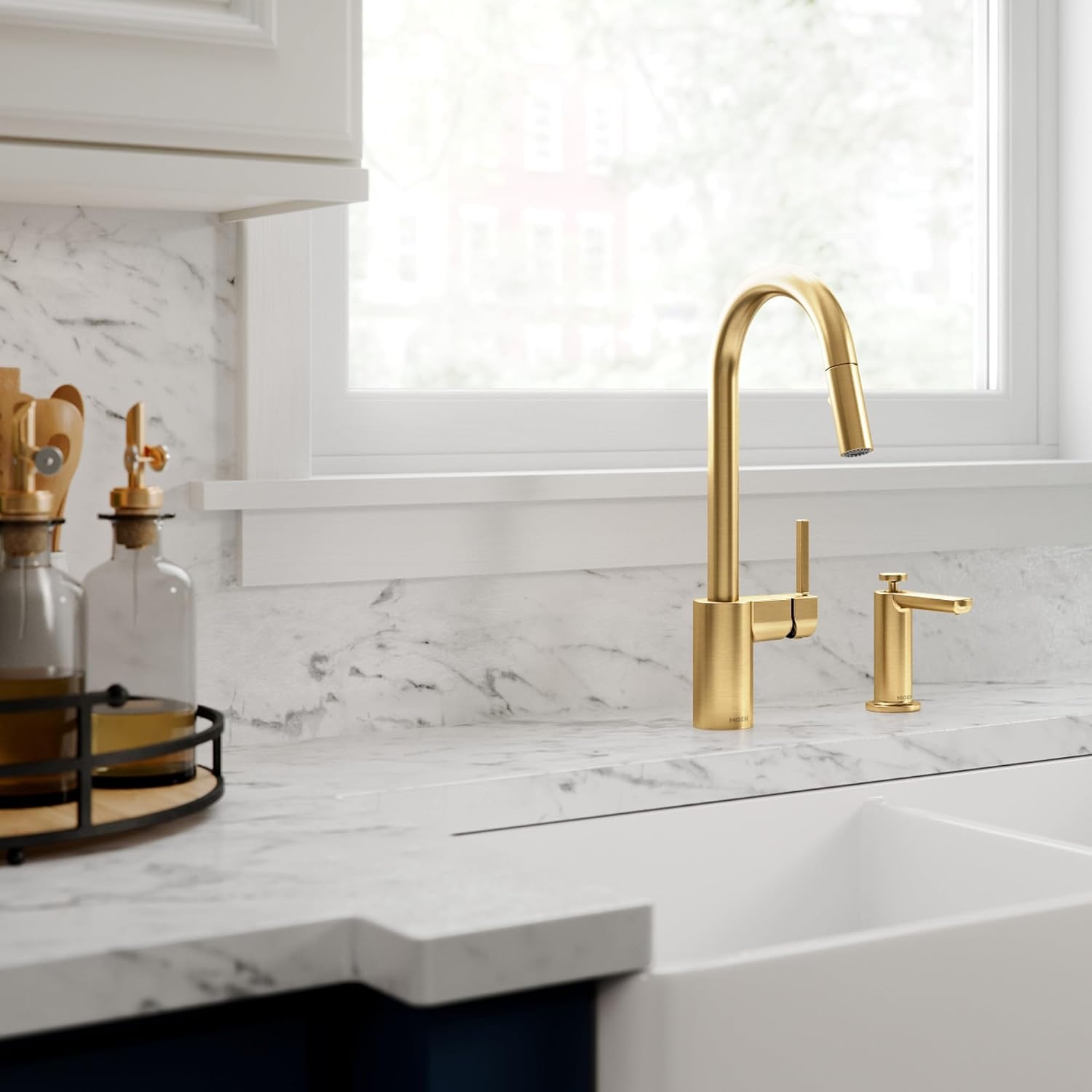 image:imageMoen Align Brushed Gold 3in1 Water Filtration PreRinse Spring Pull Down Kitchen Faucet Water Filter for Sink Faucet Sold Separately F5923BGBrushed Gold