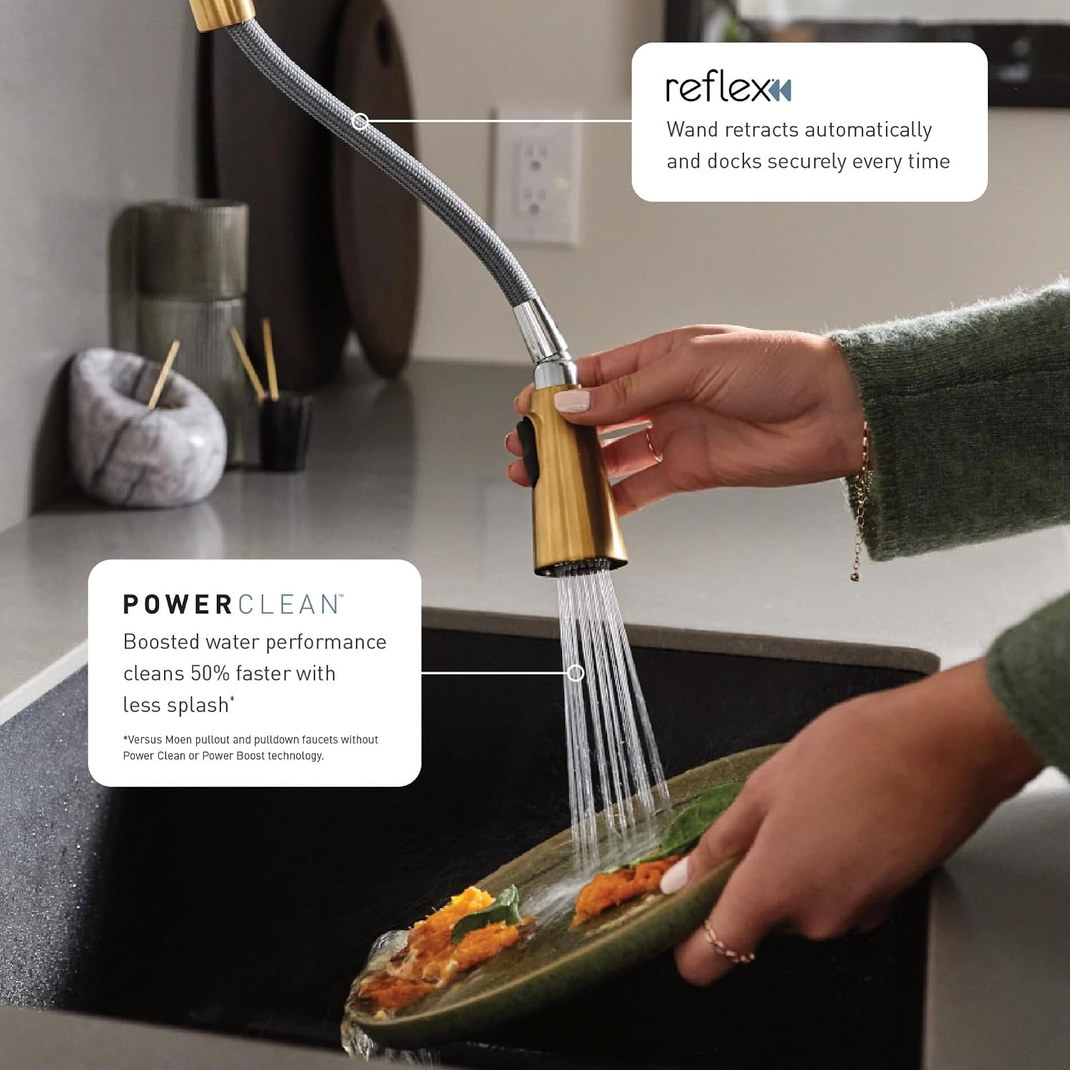 image:imageMoen Align Brushed Gold 3in1 Water Filtration PreRinse Spring Pull Down Kitchen Faucet Water Filter for Sink Faucet Sold Separately F5923BGBrushed Gold