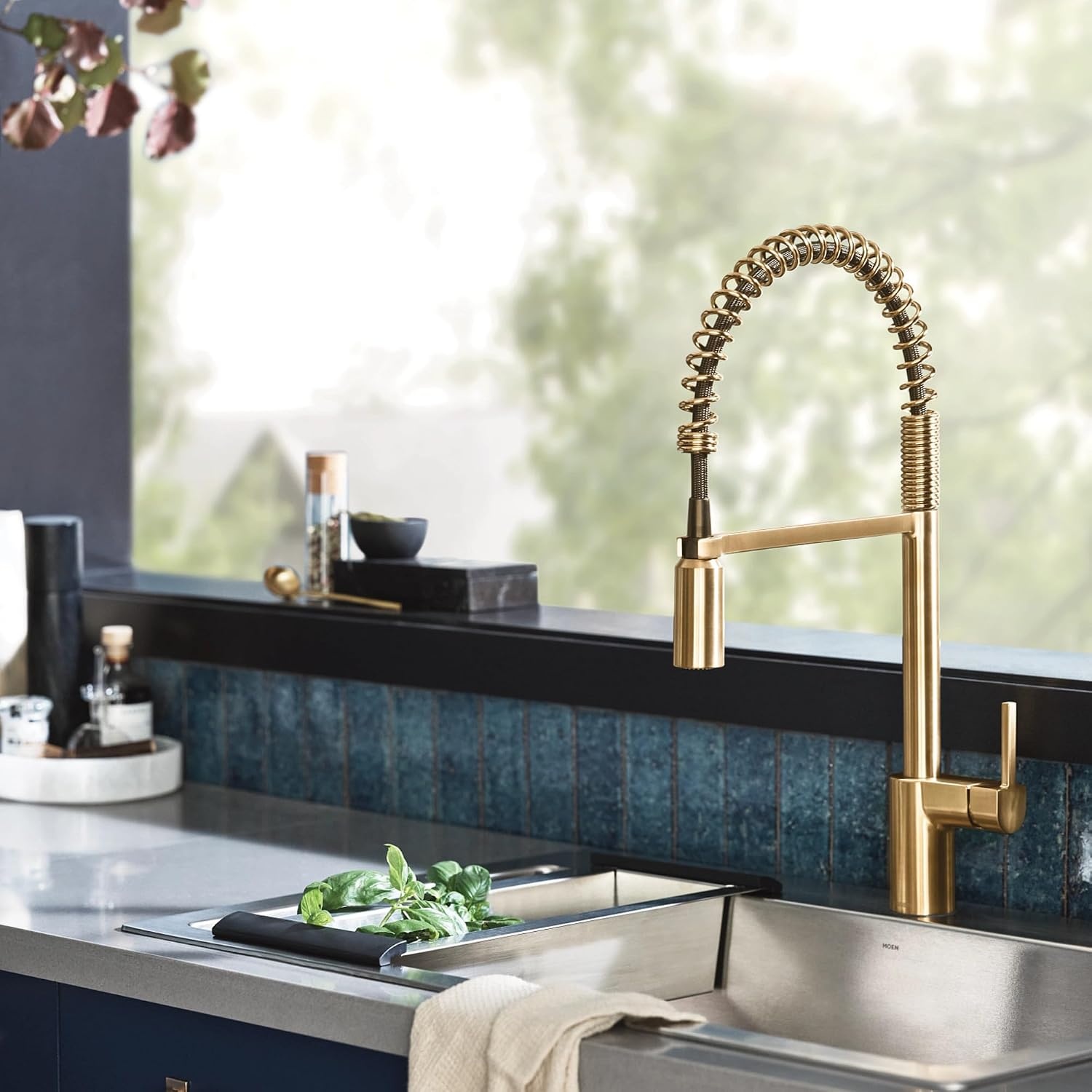 image:imageMoen Align Brushed Gold 3in1 Water Filtration PreRinse Spring Pull Down Kitchen Faucet Water Filter for Sink Faucet Sold Separately F5923BGBrushed Gold