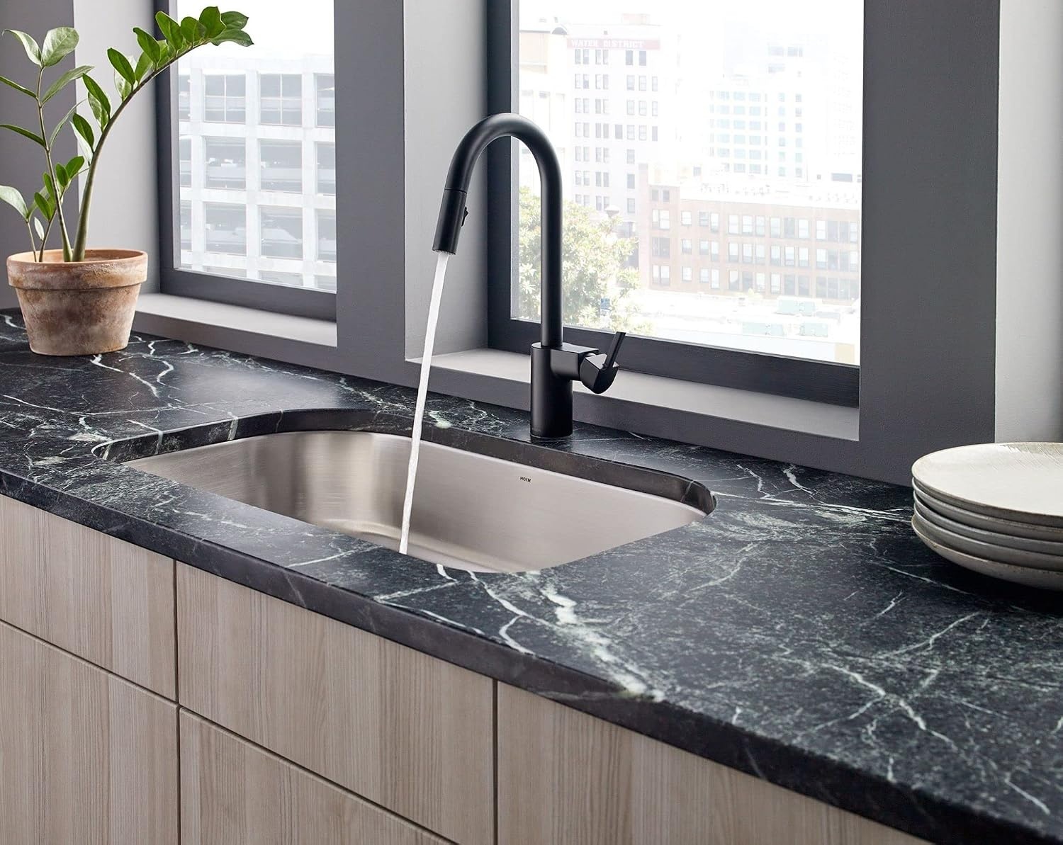 image:imageMoen Align Brushed Gold 3in1 Water Filtration PreRinse Spring Pull Down Kitchen Faucet Water Filter for Sink Faucet Sold Separately F5923BGMatte Black