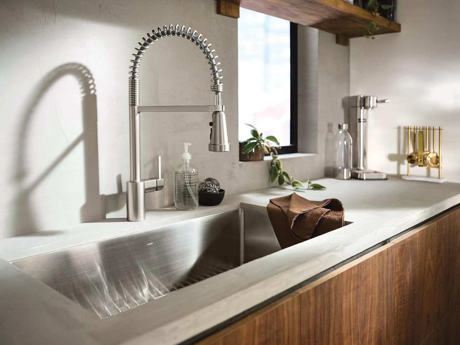 image:imageMoen Align Brushed Gold 3in1 Water Filtration PreRinse Spring Pull Down Kitchen Faucet Water Filter for Sink Faucet Sold Separately F5923BGSpot Resist Stainless
