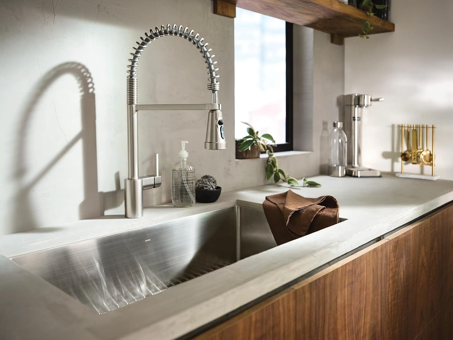 image:imageMoen Align Brushed Gold 3in1 Water Filtration PreRinse Spring Pull Down Kitchen Faucet Water Filter for Sink Faucet Sold Separately F5923BGSpot Resist Stainless