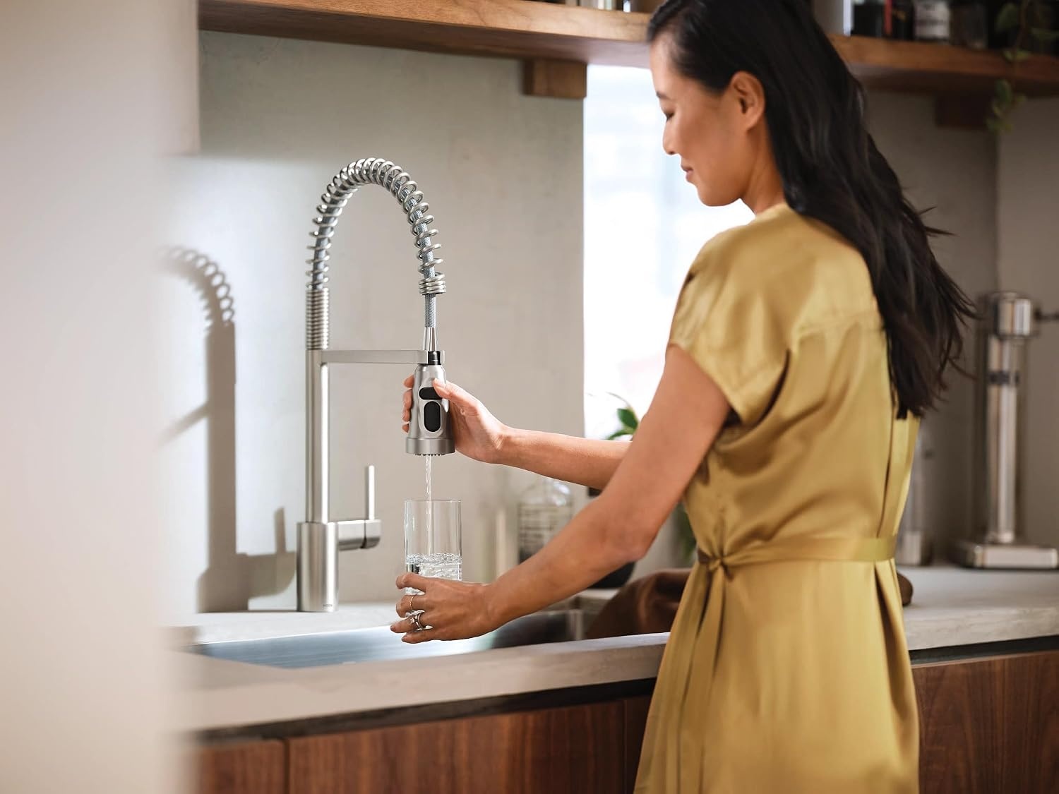 image:imageMoen Align Brushed Gold 3in1 Water Filtration PreRinse Spring Pull Down Kitchen Faucet Water Filter for Sink Faucet Sold Separately F5923BGSpot Resist Stainless