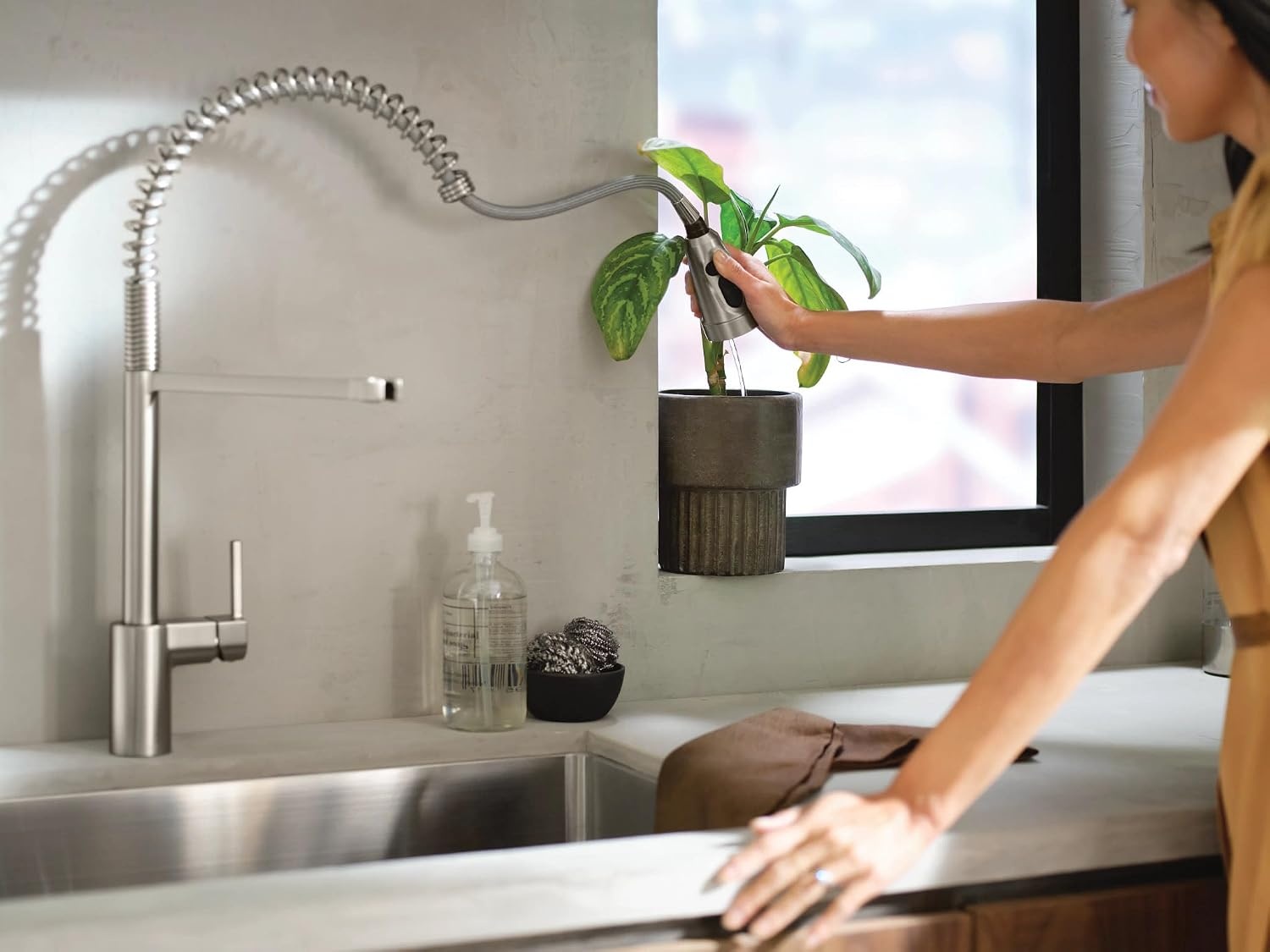 image:imageMoen Align Brushed Gold 3in1 Water Filtration PreRinse Spring Pull Down Kitchen Faucet Water Filter for Sink Faucet Sold Separately F5923BGSpot Resist Stainless