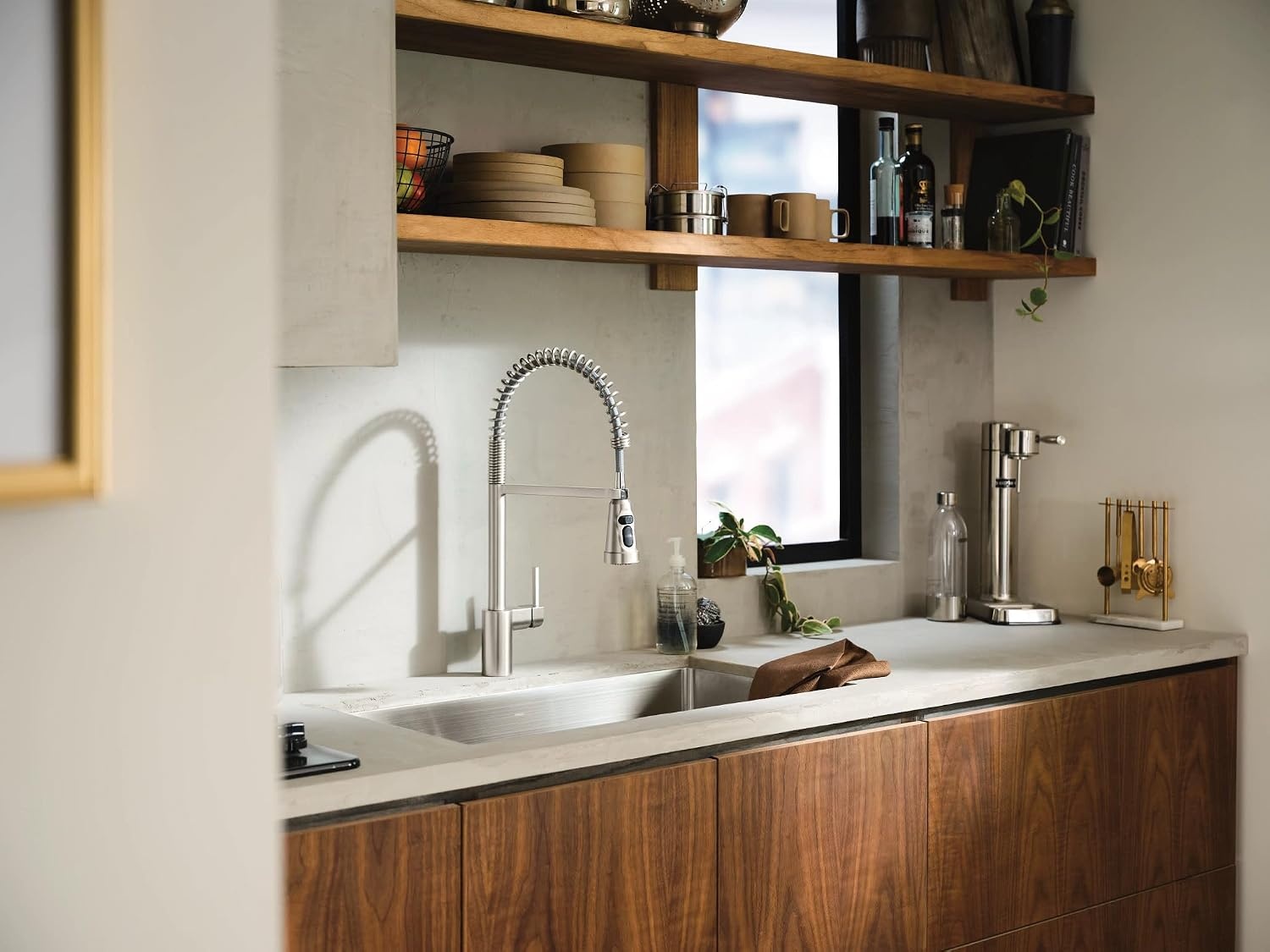 image:imageMoen Align Brushed Gold 3in1 Water Filtration PreRinse Spring Pull Down Kitchen Faucet Water Filter for Sink Faucet Sold Separately F5923BGSpot Resist Stainless