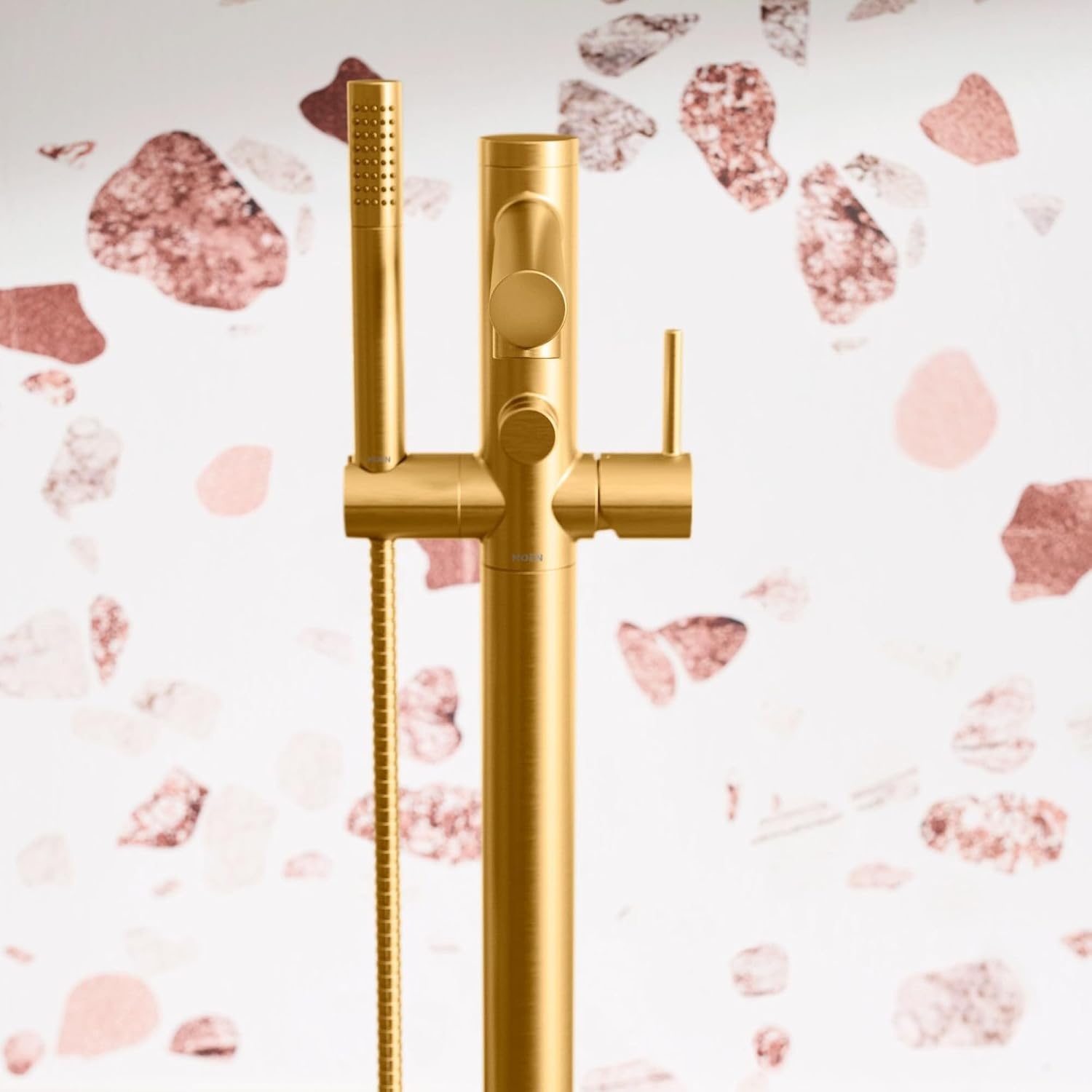 image:imageMoen Align Brushed Gold OneHandle Freestanding Floor Mount Tub Filler Freestanding Tub Faucet with Handshower 395BGBrushed Gold