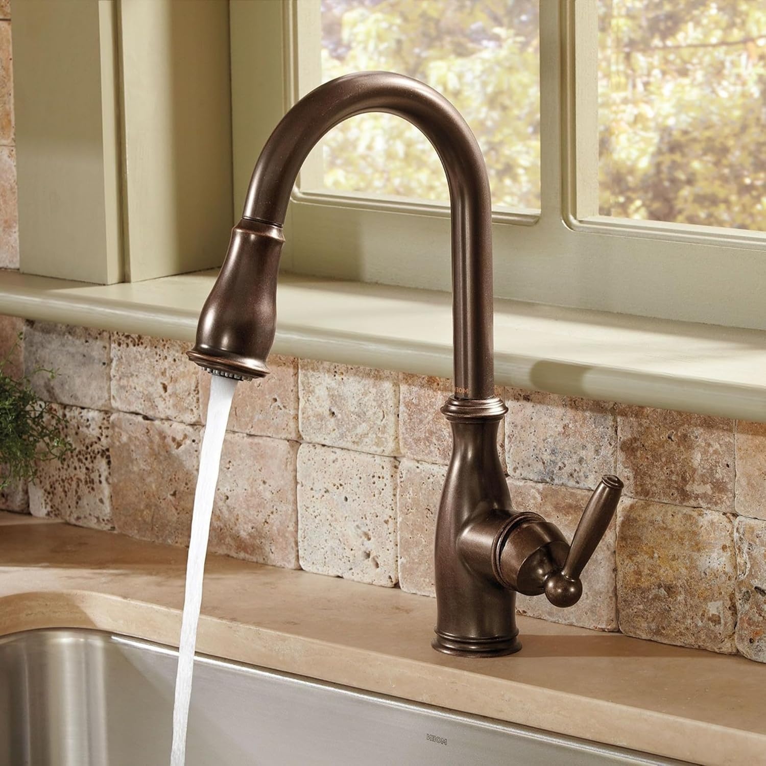image:imageMoen Brantford Oil Rubbed Bronze Traditional OneHandle Kitchen Faucet with Pulldown Sprayer Featuring Power Boost and Reflex Docking System 7185ORBOil Rubbed Bronze