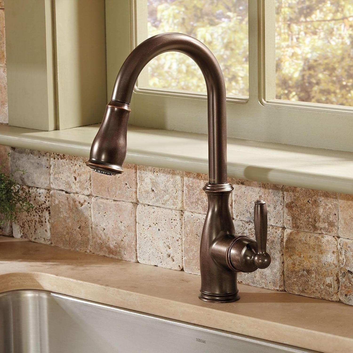 image:imageMoen Brantford Oil Rubbed Bronze Traditional OneHandle Kitchen Faucet with Pulldown Sprayer Featuring Power Boost and Reflex Docking System 7185ORBOil Rubbed Bronze