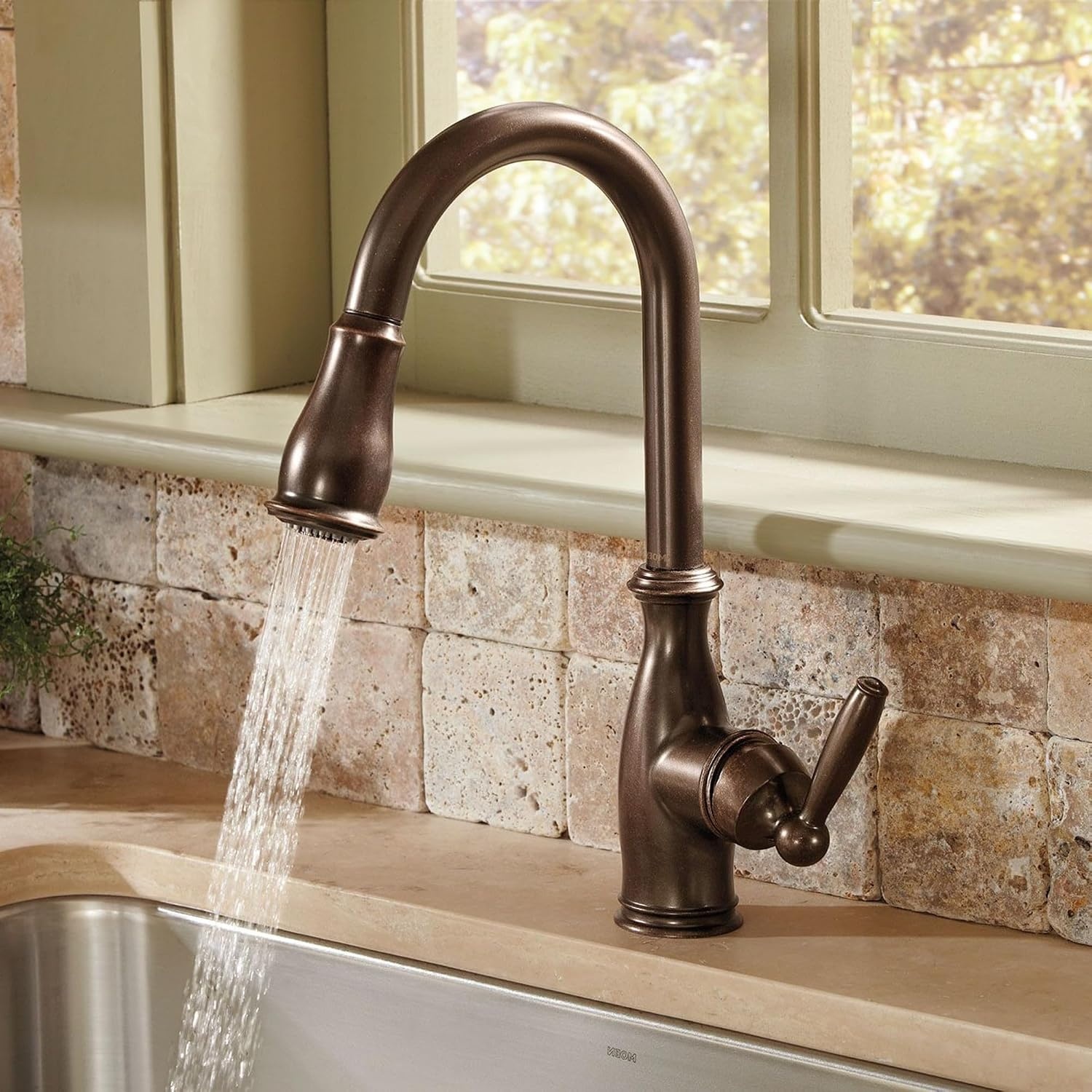 image:imageMoen Brantford Oil Rubbed Bronze Traditional OneHandle Kitchen Faucet with Pulldown Sprayer Featuring Power Boost and Reflex Docking System 7185ORBOil Rubbed Bronze