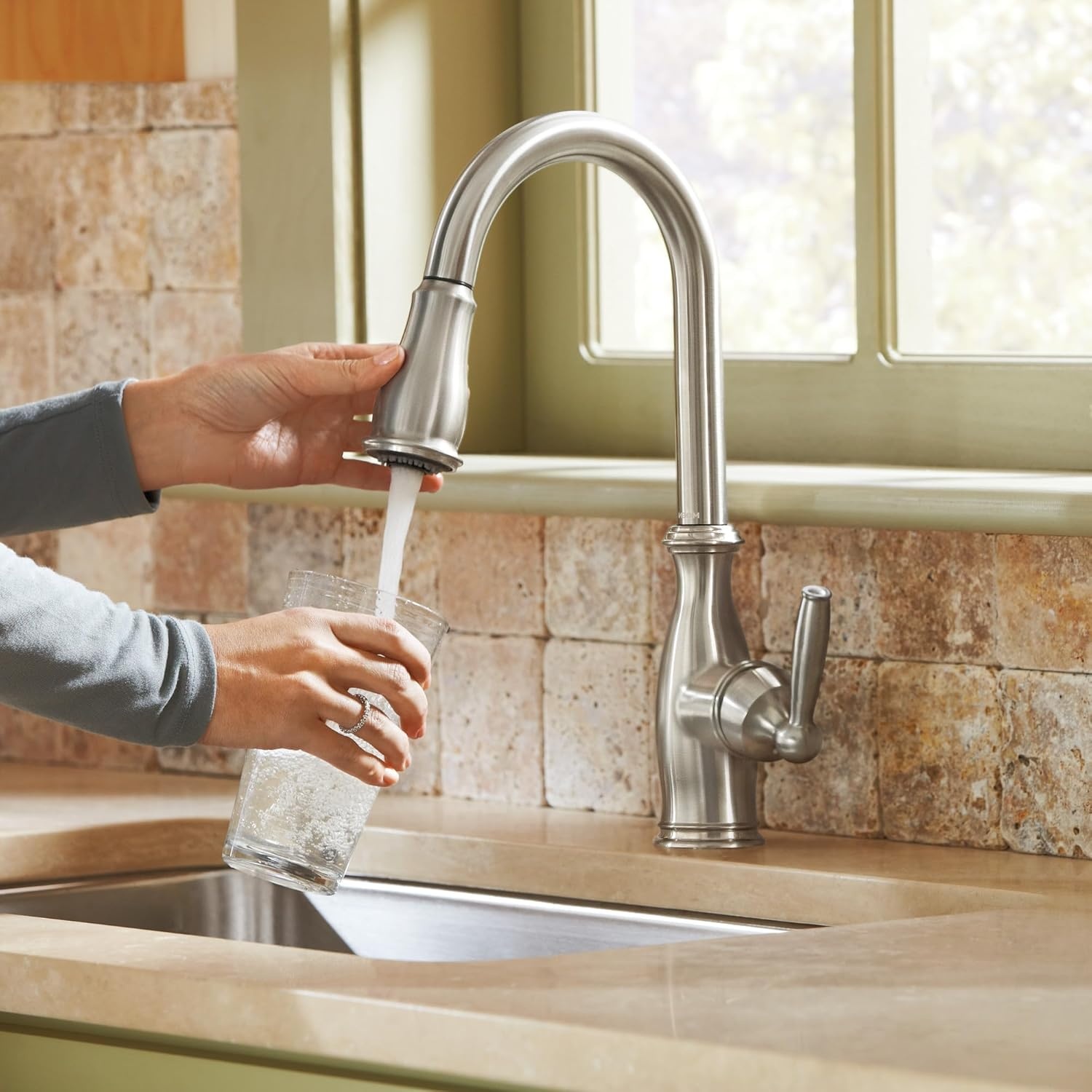 image:imageMoen Brantford Oil Rubbed Bronze Traditional OneHandle Kitchen Faucet with Pulldown Sprayer Featuring Power Boost and Reflex Docking System 7185ORBSpot Resist Stainless