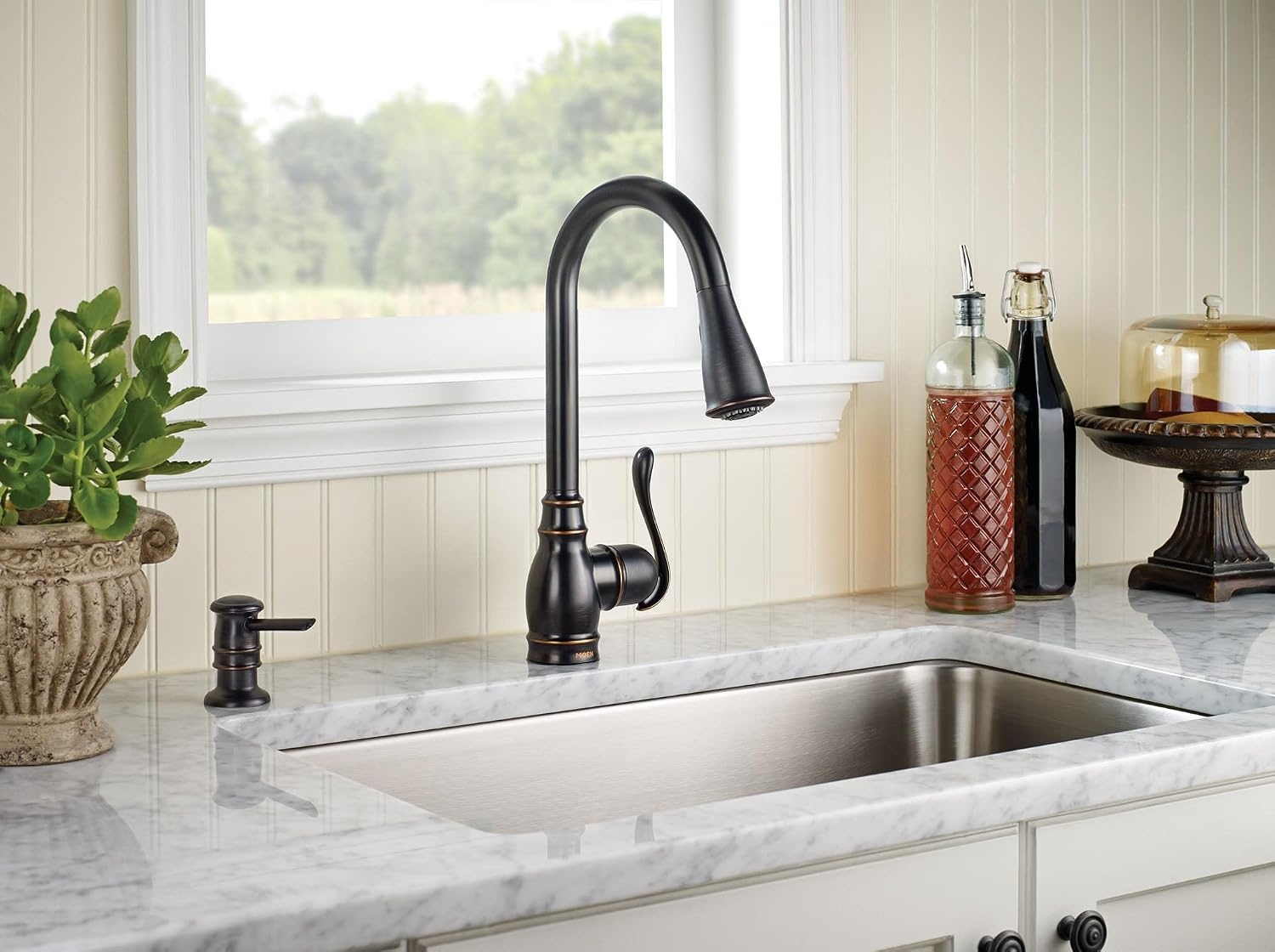 image:imageMoen CA87003BRB Single Handle Kitchen Faucet with Pullout Spray from the Anabelle Collection Mediterranean Bronze