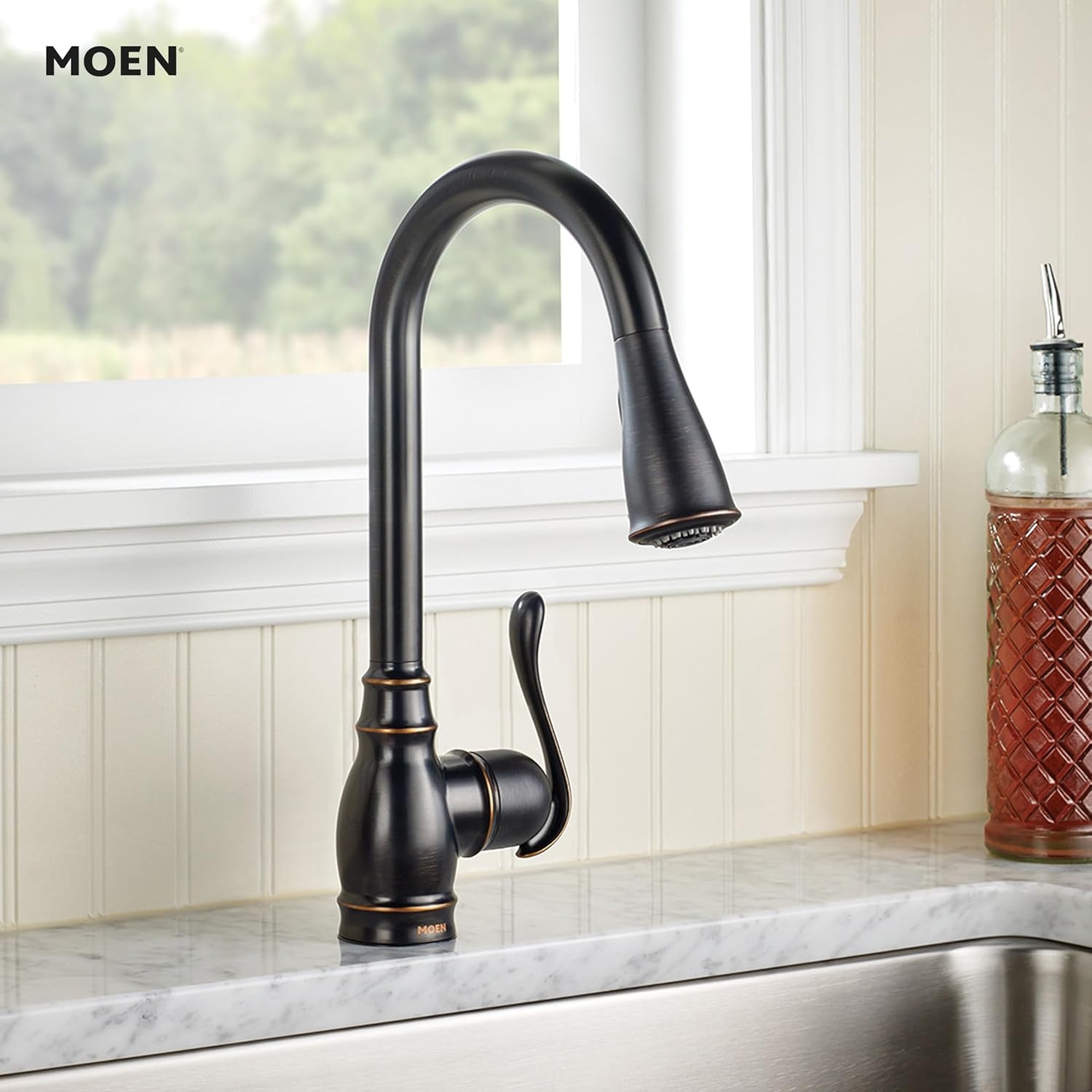 image:imageMoen CA87003BRB Single Handle Kitchen Faucet with Pullout Spray from the Anabelle Collection Mediterranean Bronze
