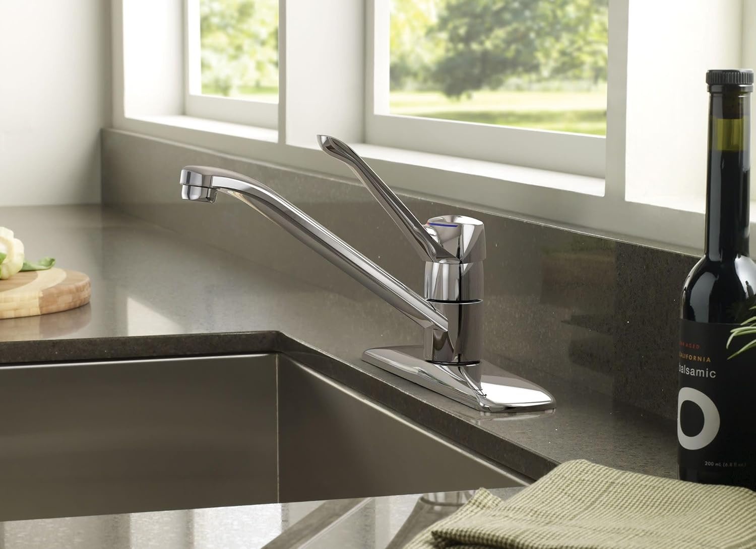image:imageMoen Chateau Chrome OneHandle Low Arc Kitchen Faucet for 3Hole Sinks 7425 Low arc faucet Singlehandle control 3hole installation Chrome finish Kitchen sink faucet0375