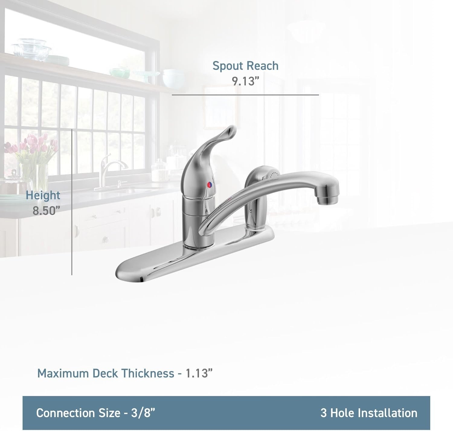 image:imageMoen Chateau Chrome OneHandle LowArc Kitchen Faucet with Side Sprayer in Deck Plate for 3Hole Setup 74340375
