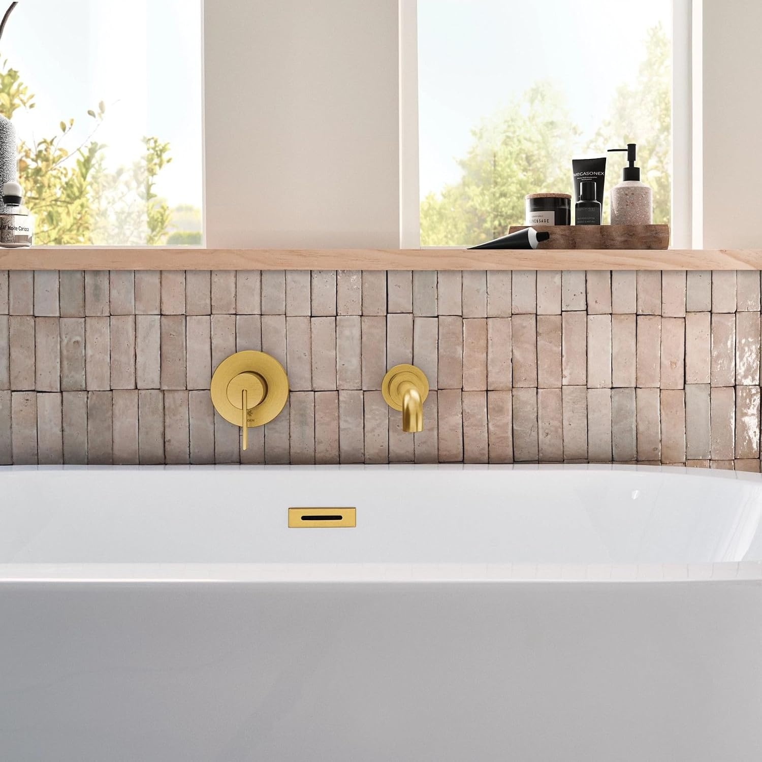 image:imageMoen Cia Brushed Gold Single Handle Wall Mount Tub Filler High Flow Tub Faucet with 10 Spout Reach WT6221BG