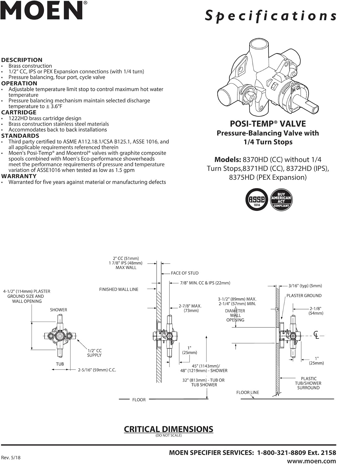 image:imageMoen Commercial Posi Temp Brass Pressure Balancing Shower Valve 12Inch CC 8370HD05