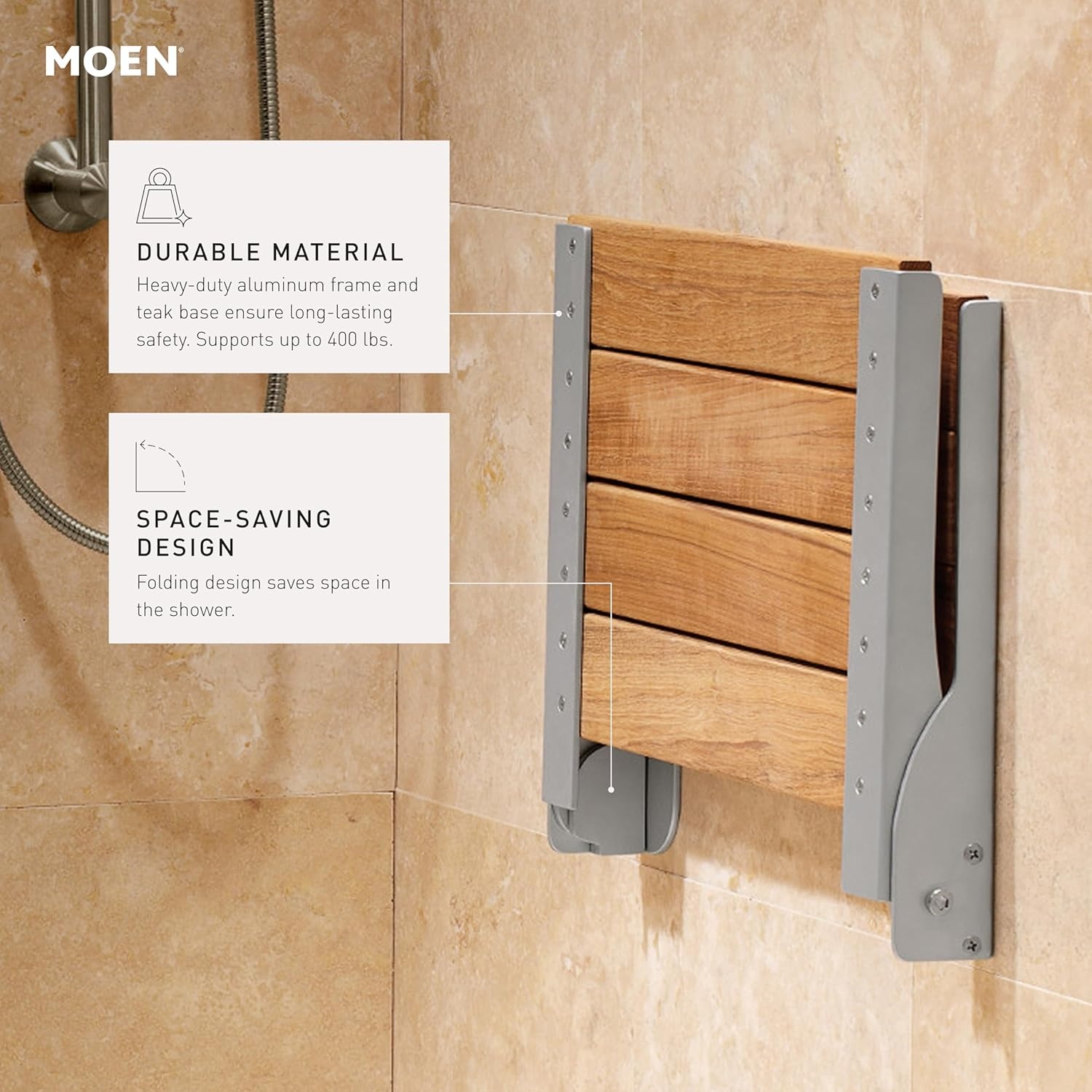 image:imageMoen DN7110 Home Care FoldDown Shower Chair Teak Wood Bench with Stainless Steel amp Aluminum Frame WallMounted ADA Compliant Supports up to 400 lbsOld World Bronze