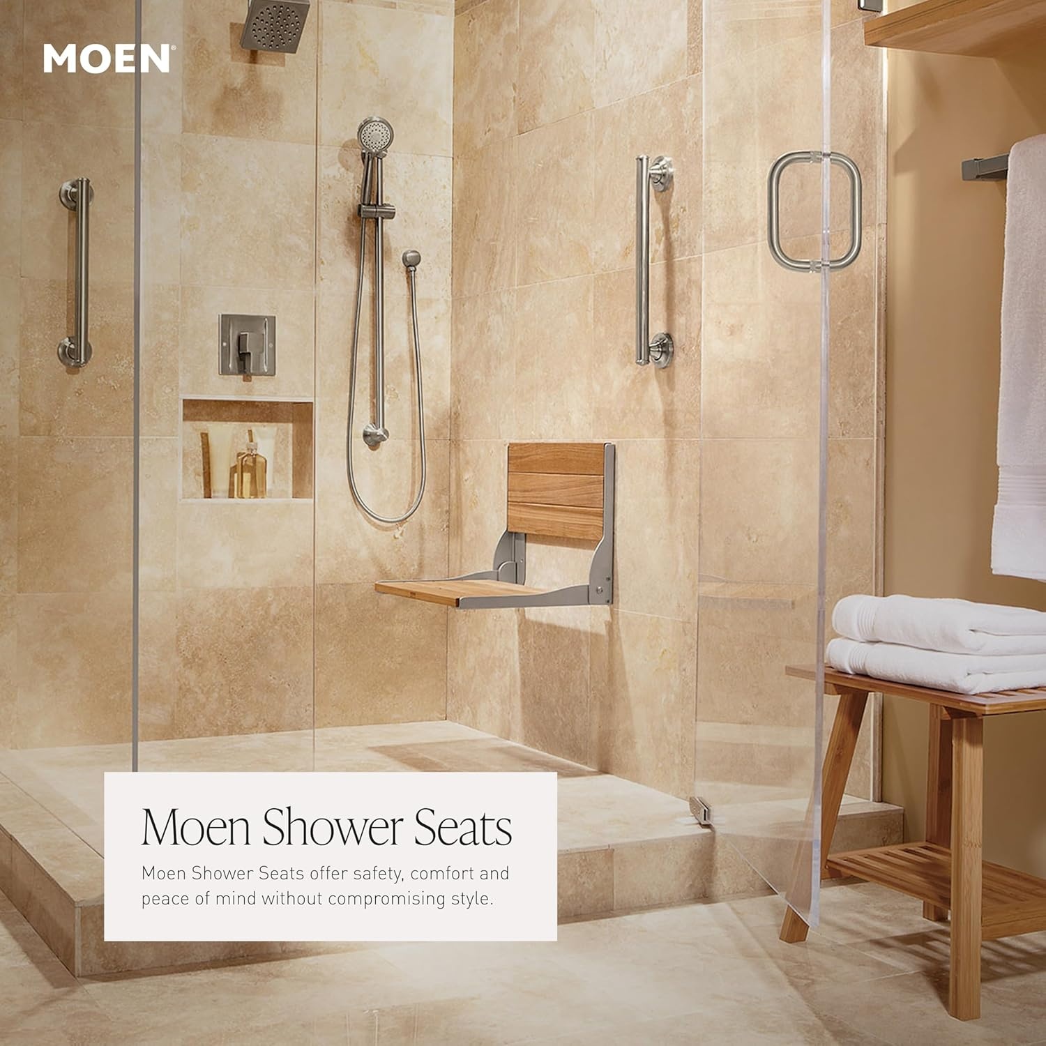 image:imageMoen DN7110 Home Care FoldDown Shower Chair Teak Wood Bench with Stainless Steel amp Aluminum Frame WallMounted ADA Compliant Supports up to 400 lbsOld World Bronze