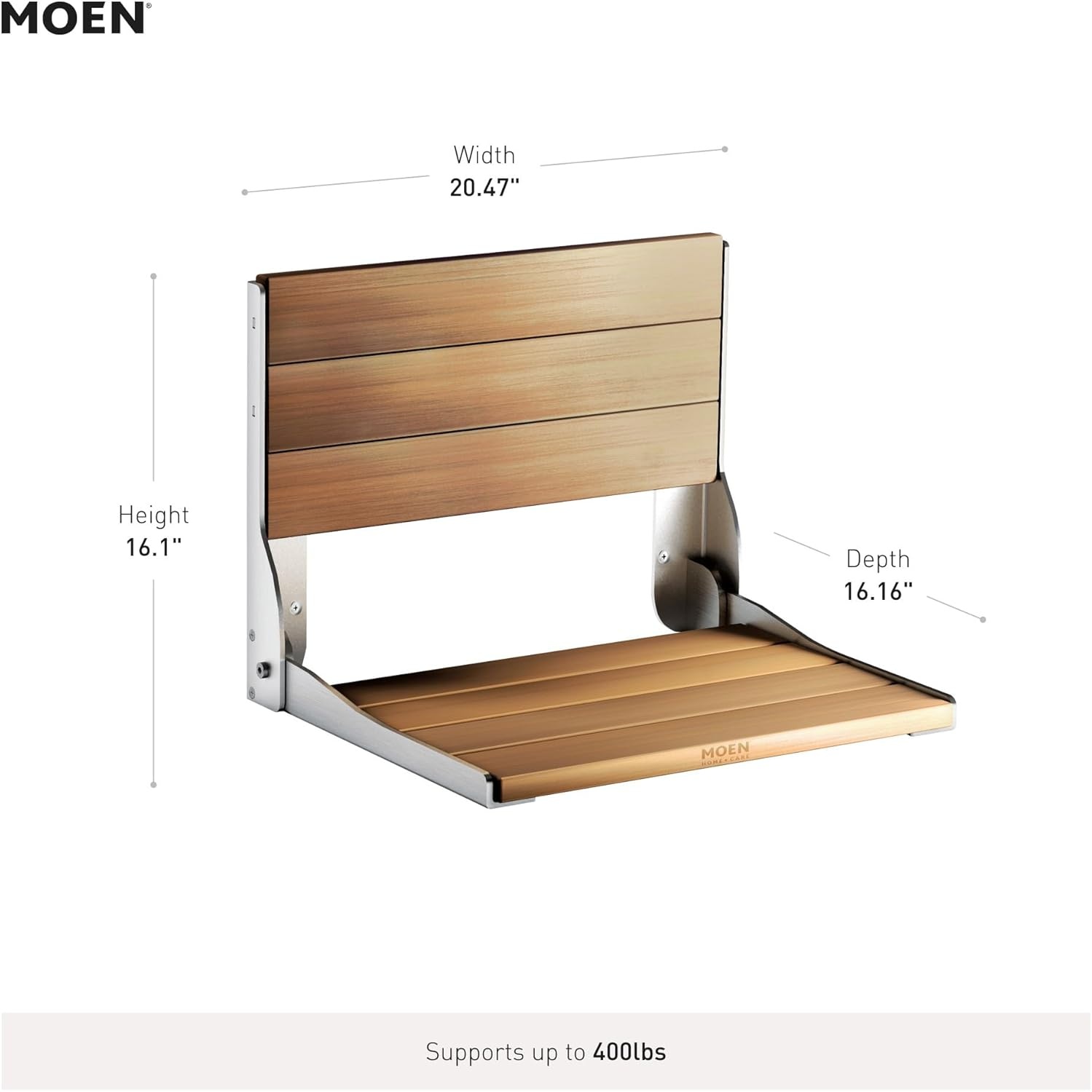 image:imageMoen DN7110 Home Care FoldDown Shower Chair Teak Wood Bench with Stainless Steel amp Aluminum Frame WallMounted ADA Compliant Supports up to 400 lbsTeak Wood