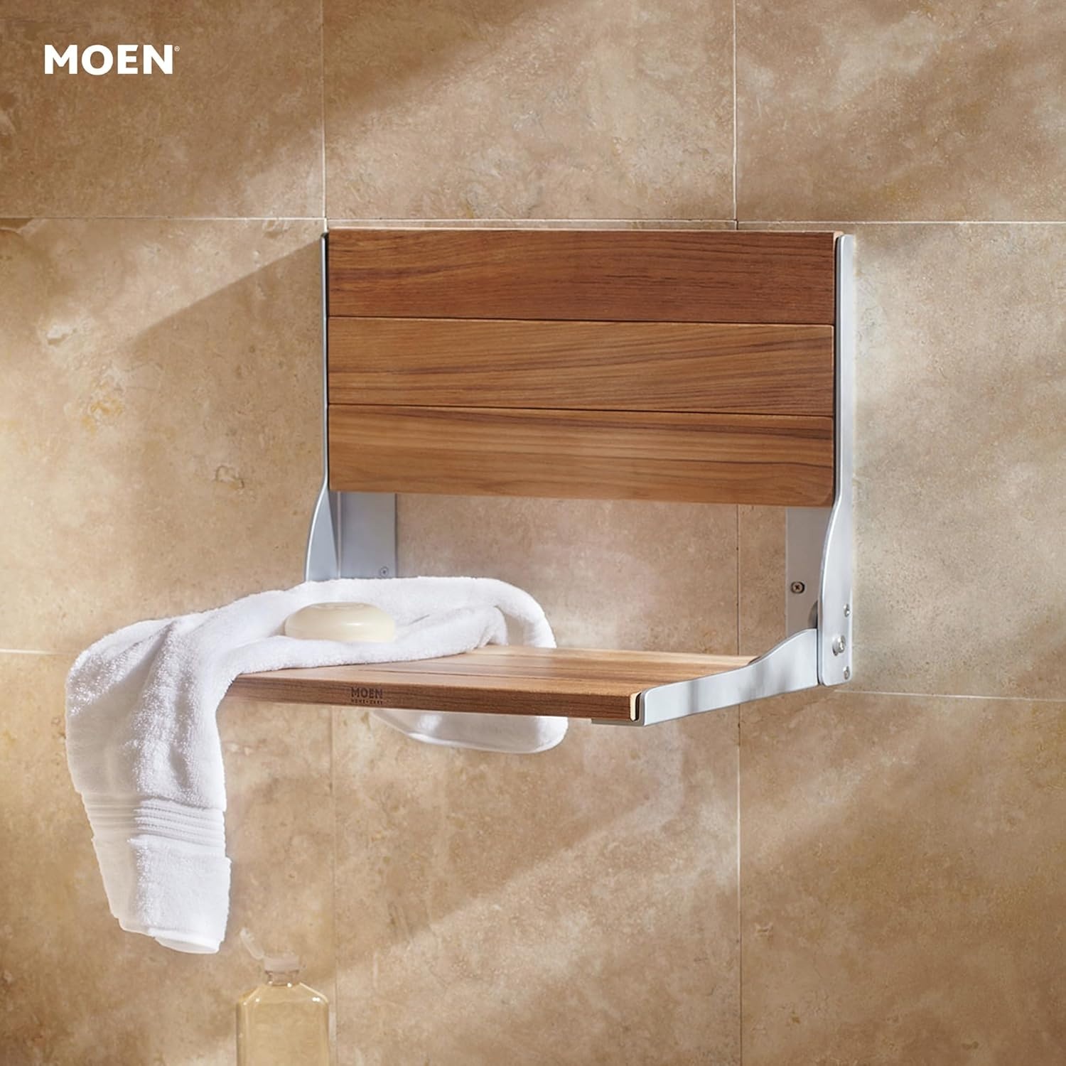 image:imageMoen DN7110 Home Care FoldDown Shower Chair Teak Wood Bench with Stainless Steel amp Aluminum Frame WallMounted ADA Compliant Supports up to 400 lbsTeak Wood