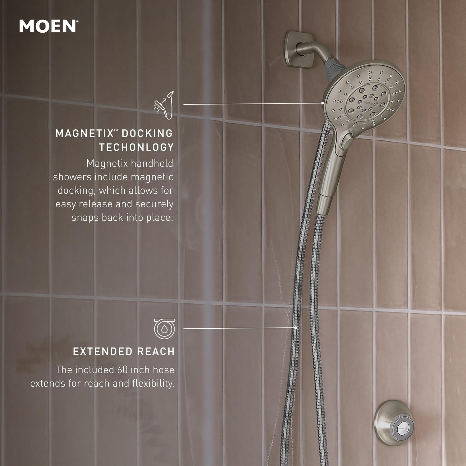 image:imageMoen Engage Chrome Magnetix SixFunction 55Inch Wide Handheld Shower Head with Hose and Magnetic Docking System 26112Spot Resist Brushed Nickel