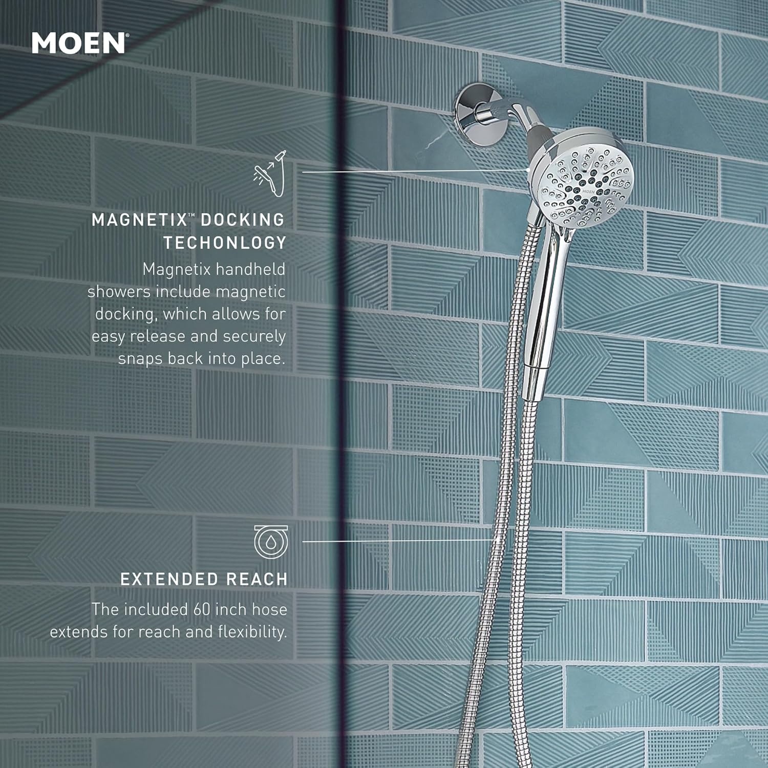image:imageMoen Engage Magnetix Spot Resist Brushed Nickel 35Inch SixFunction Detachable Handheld Showerhead with Magnetic Docking System 26100SRNChrome