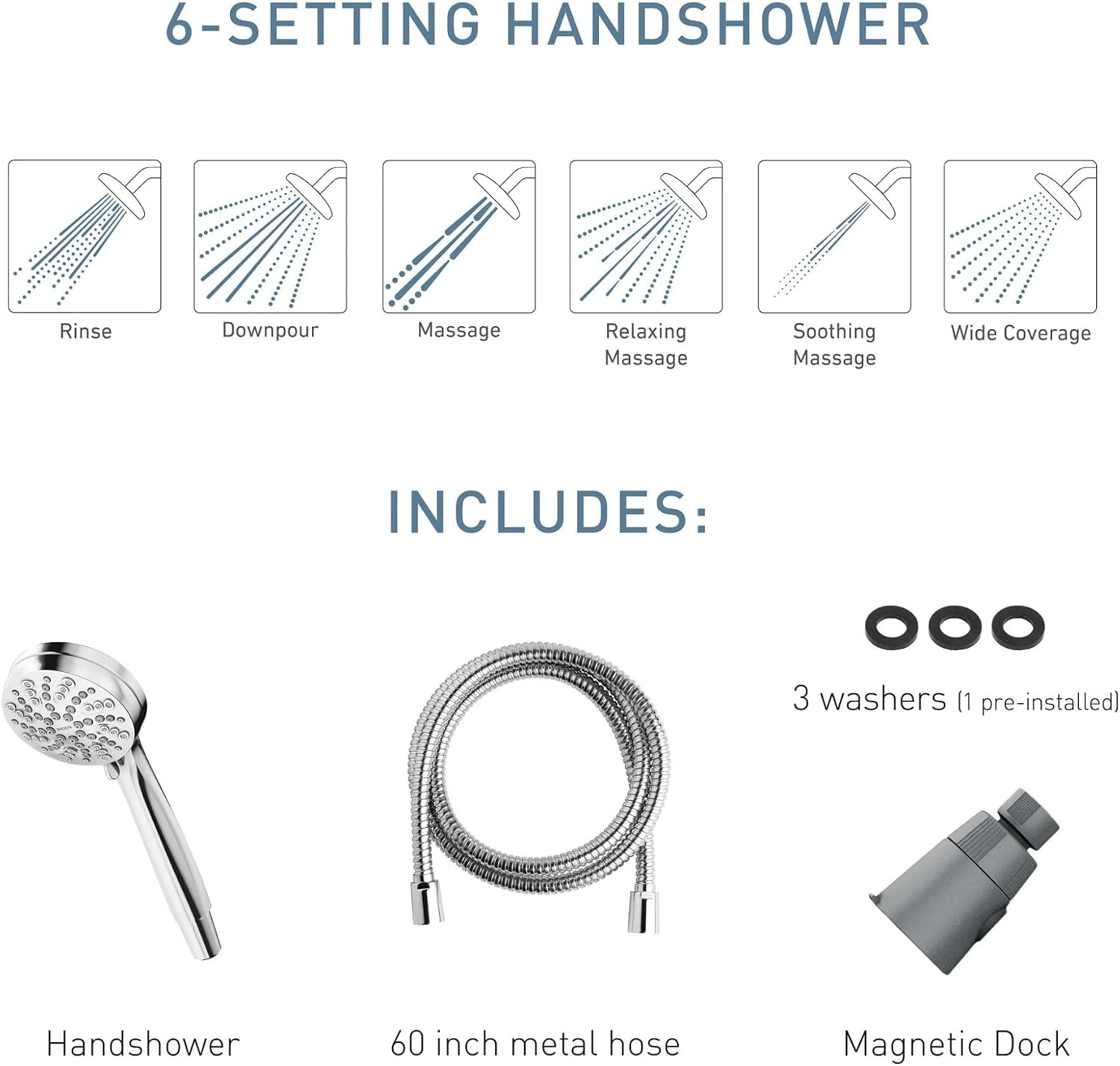 image:imageMoen Engage Magnetix Spot Resist Brushed Nickel 35Inch SixFunction Detachable Handheld Showerhead with Magnetic Docking System 26100SRNChrome