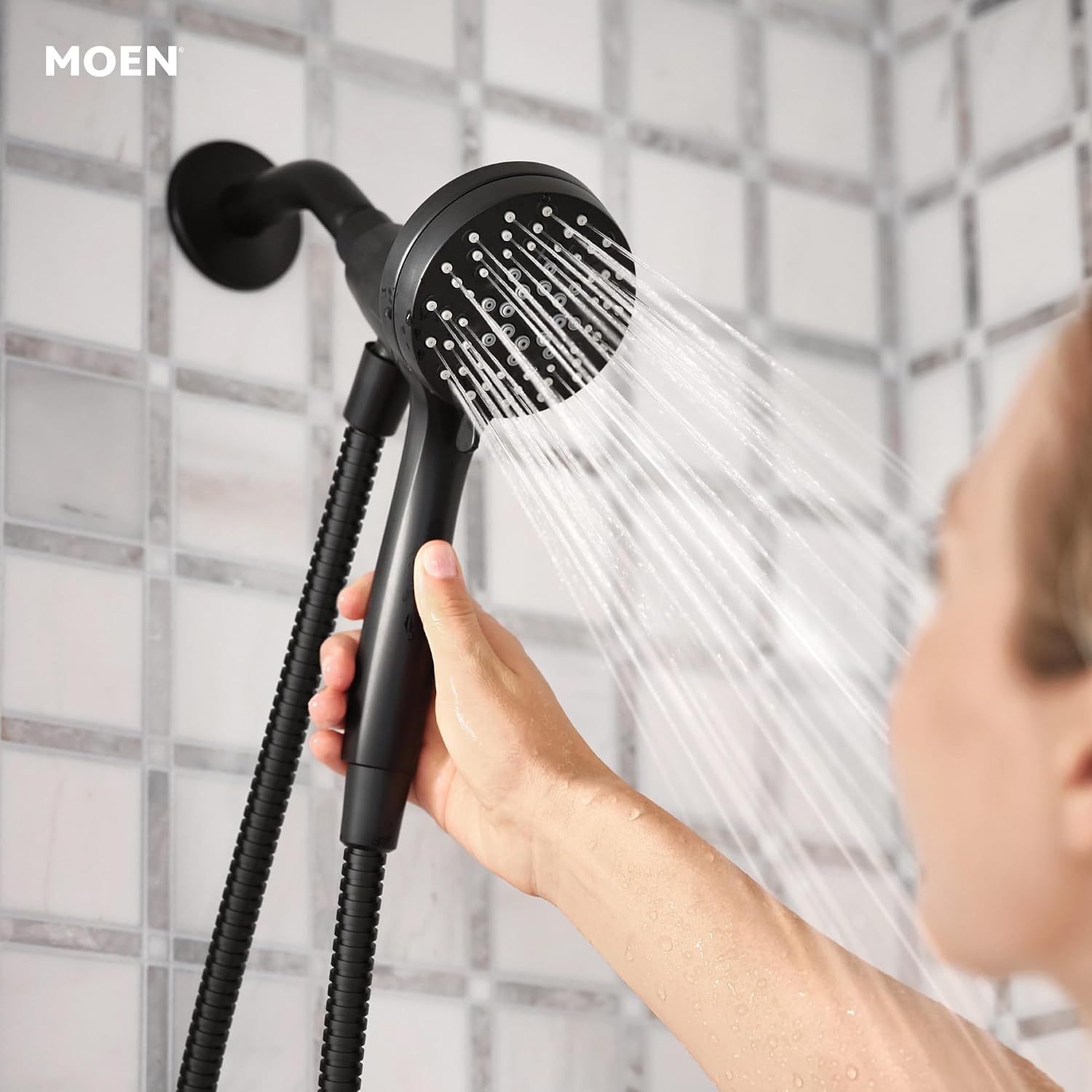 image:imageMoen Engage Magnetix Spot Resist Brushed Nickel 35Inch SixFunction Detachable Handheld Showerhead with Magnetic Docking System 26100SRNMatte Black