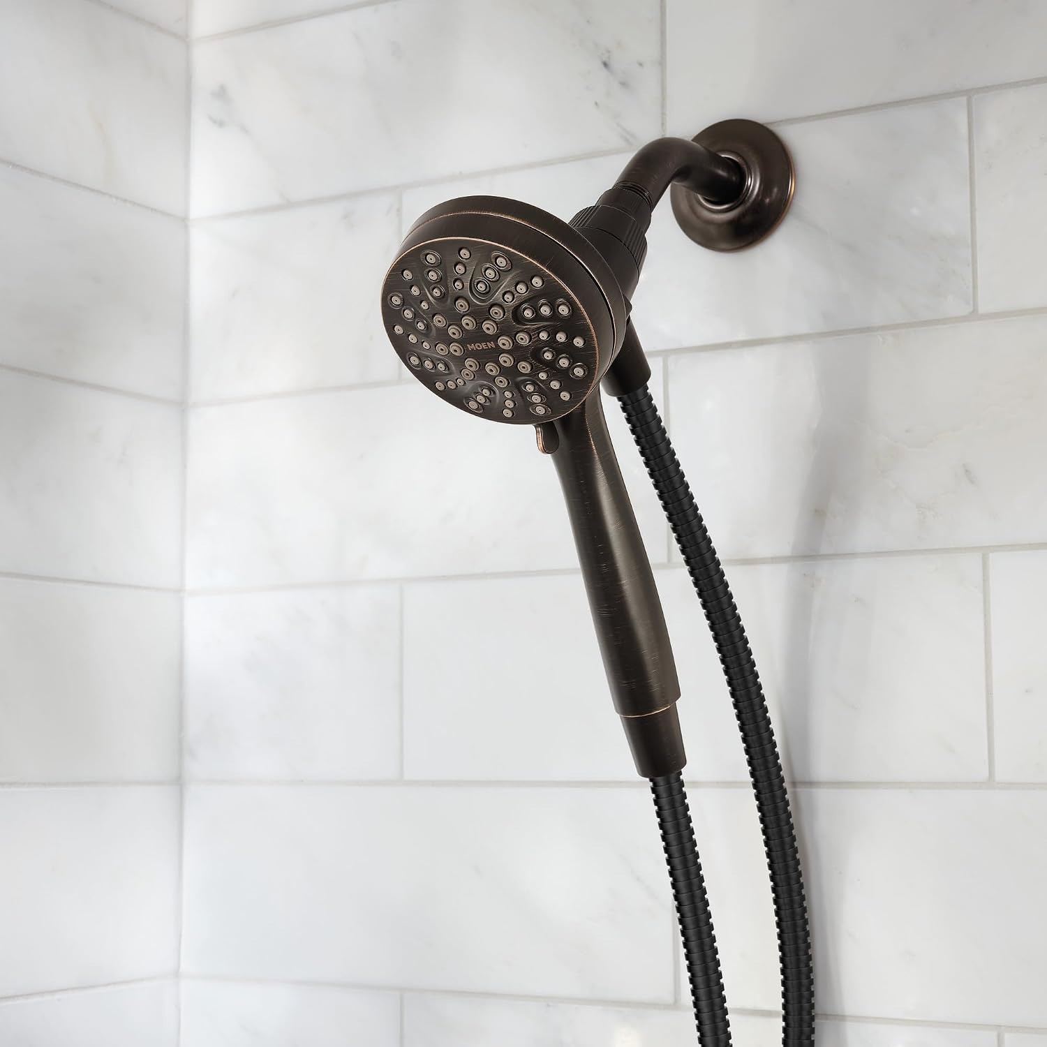 image:imageMoen Engage Magnetix Spot Resist Brushed Nickel 35Inch SixFunction Detachable Handheld Showerhead with Magnetic Docking System 26100SRNMediterranean Bronze