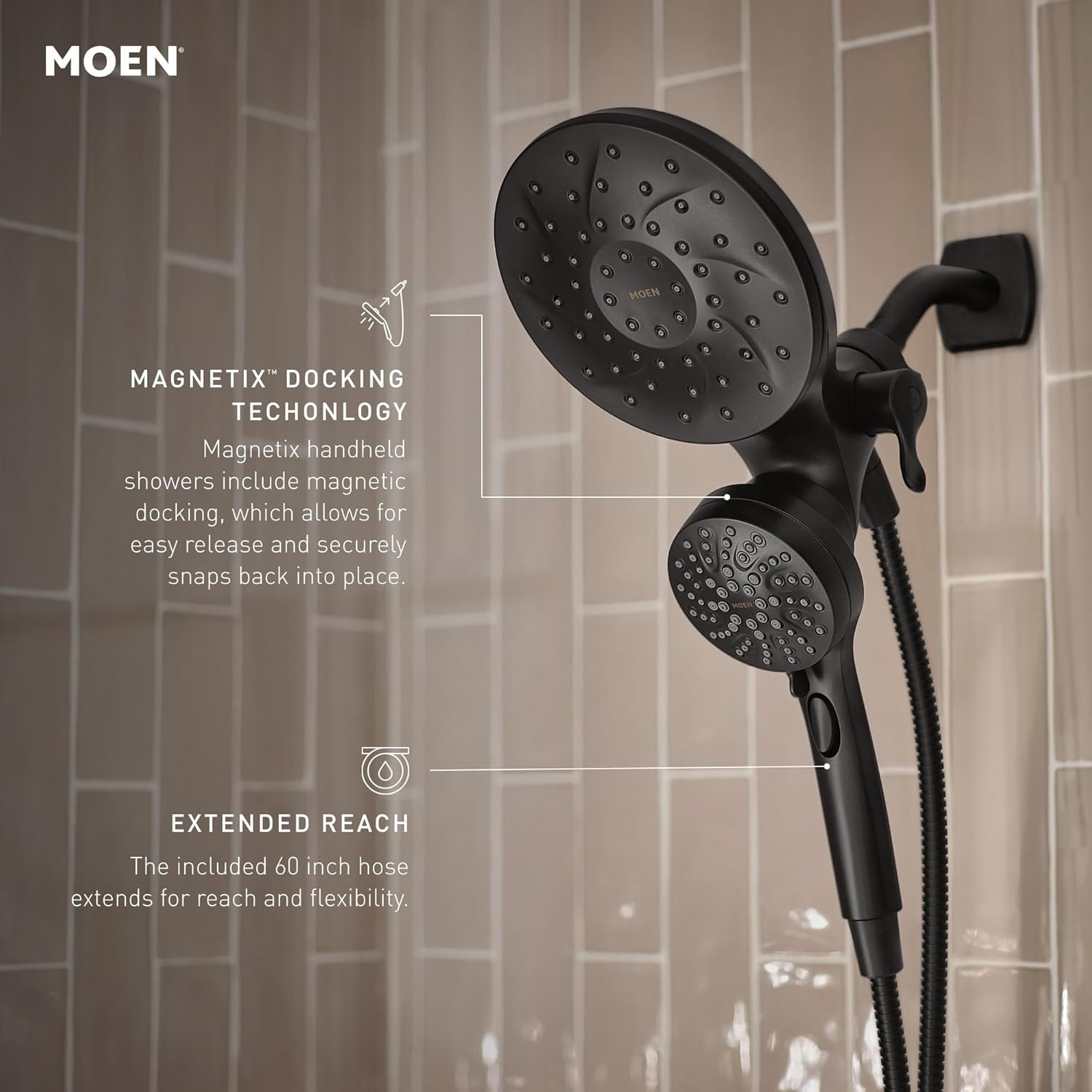 image:imageMoen Engage Matte Black 25 GPM Handheld Showerhead and Rain Shower 2in1 Combo Featuring Magnetic Docking System and Metal Hose 26009BLMatte Black