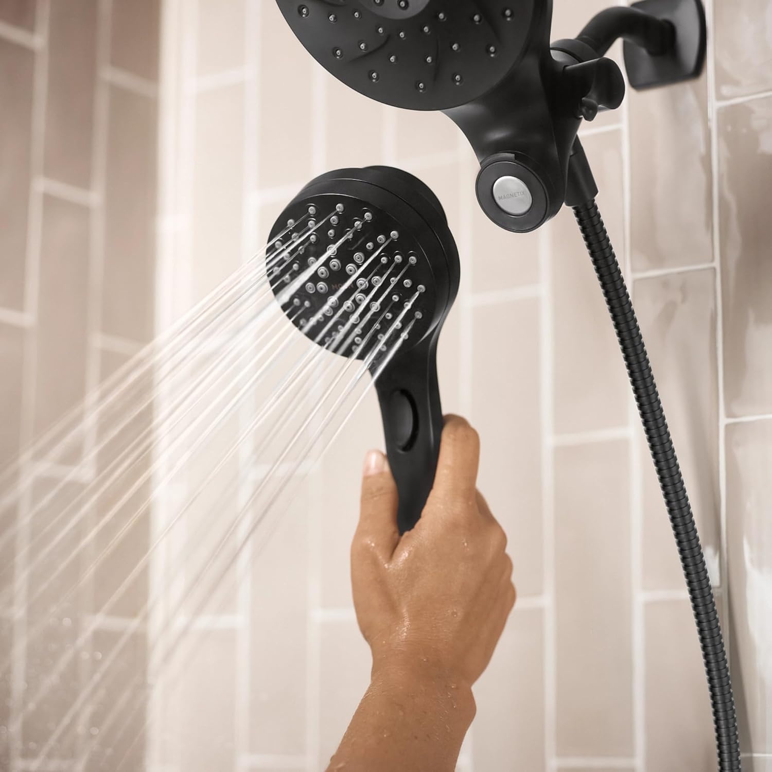 image:imageMoen Engage Matte Black 25 GPM Handheld Showerhead and Rain Shower 2in1 Combo Featuring Magnetic Docking System and Metal Hose 26009BLMatte Black