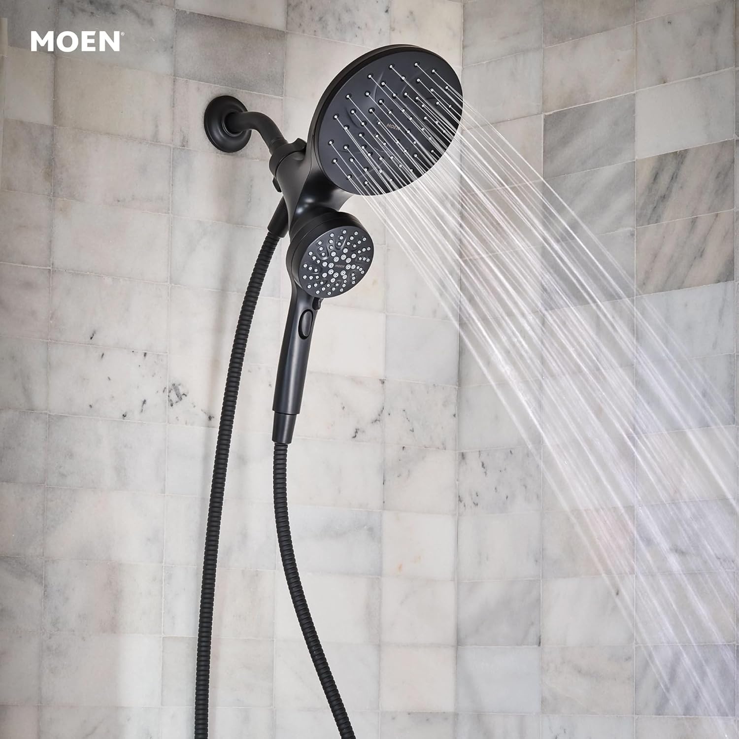 image:imageMoen Engage Matte Black 25 GPM Handheld Showerhead and Rain Shower 2in1 Combo Featuring Magnetic Docking System and Metal Hose 26009BLMatte Black