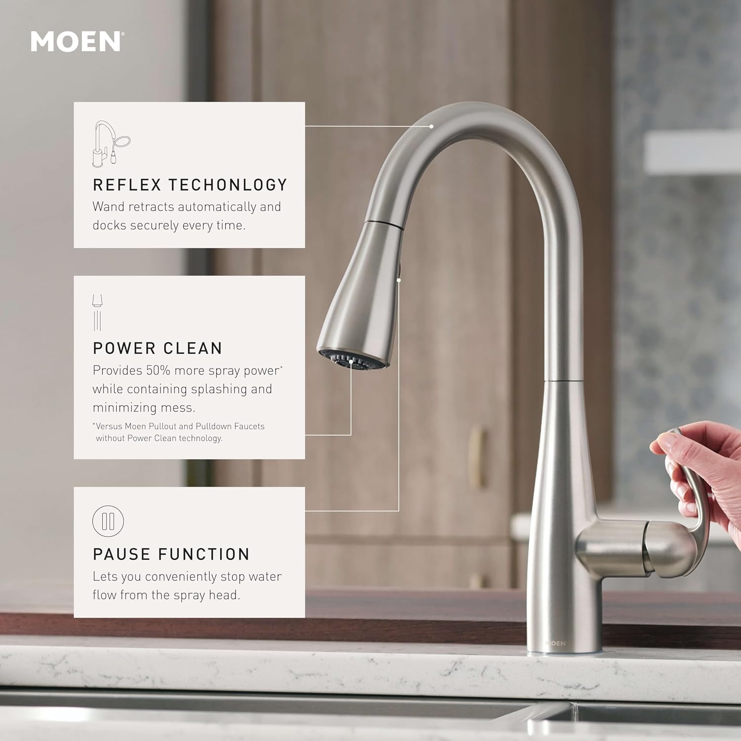 image:imageMoen Essie Matte Black Single Handle PullDown Sprayer Kitchen Faucet with Soap Dispenser Reflex and Power Clean Technology 87014BLChrome