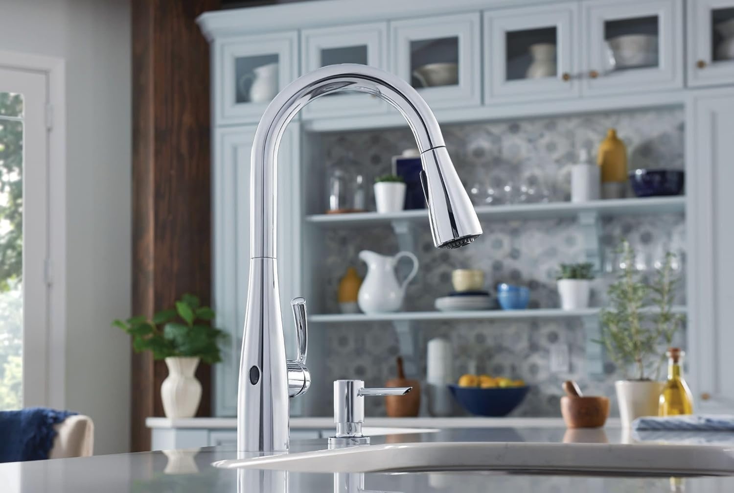image:imageMoen Essie Matte Black Single Handle PullDown Sprayer Kitchen Faucet with Soap Dispenser Reflex and Power Clean Technology 87014BLChrome