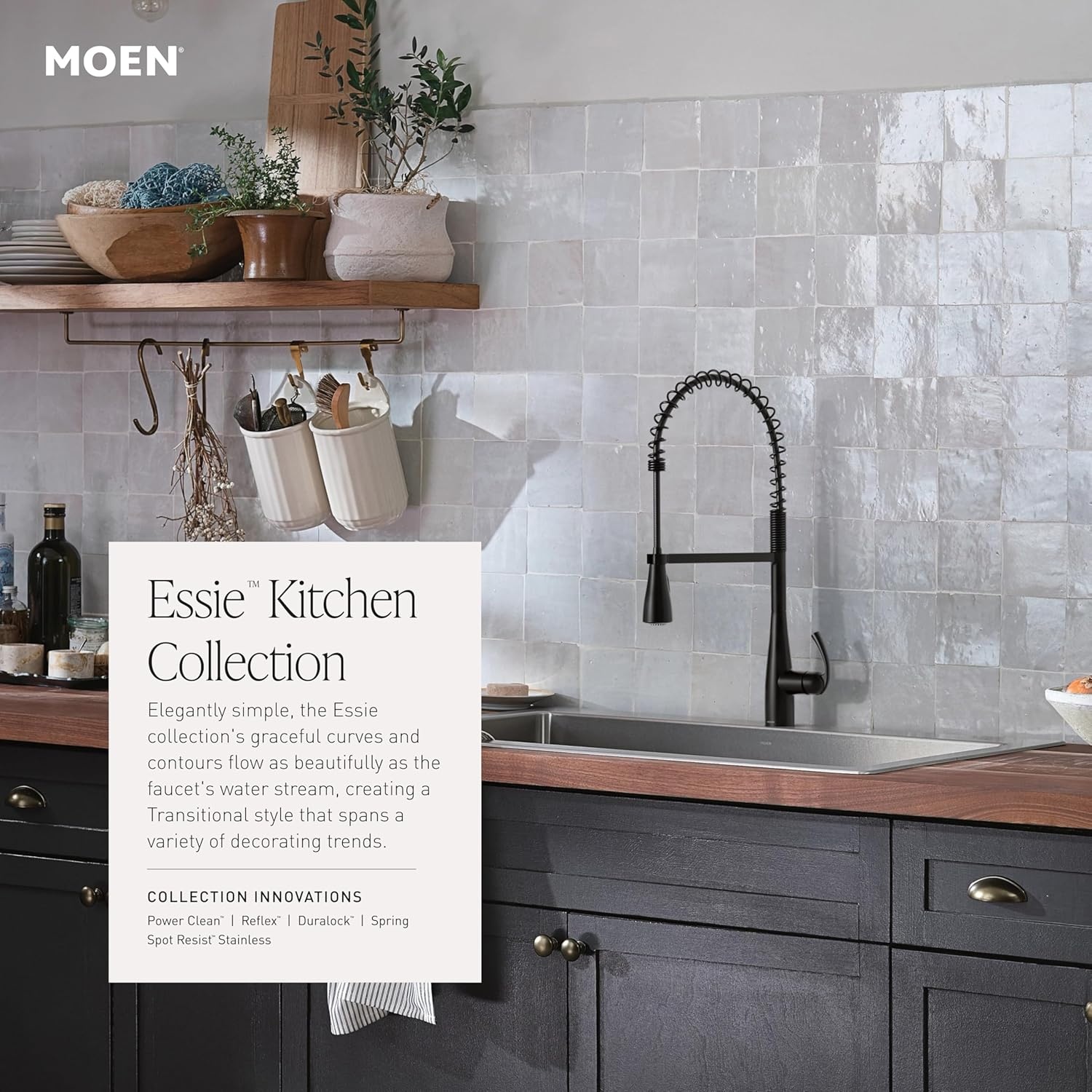 image:imageMoen Essie Matte Black Single Handle PullDown Sprayer Kitchen Faucet with Soap Dispenser Reflex and Power Clean Technology 87014BLChrome