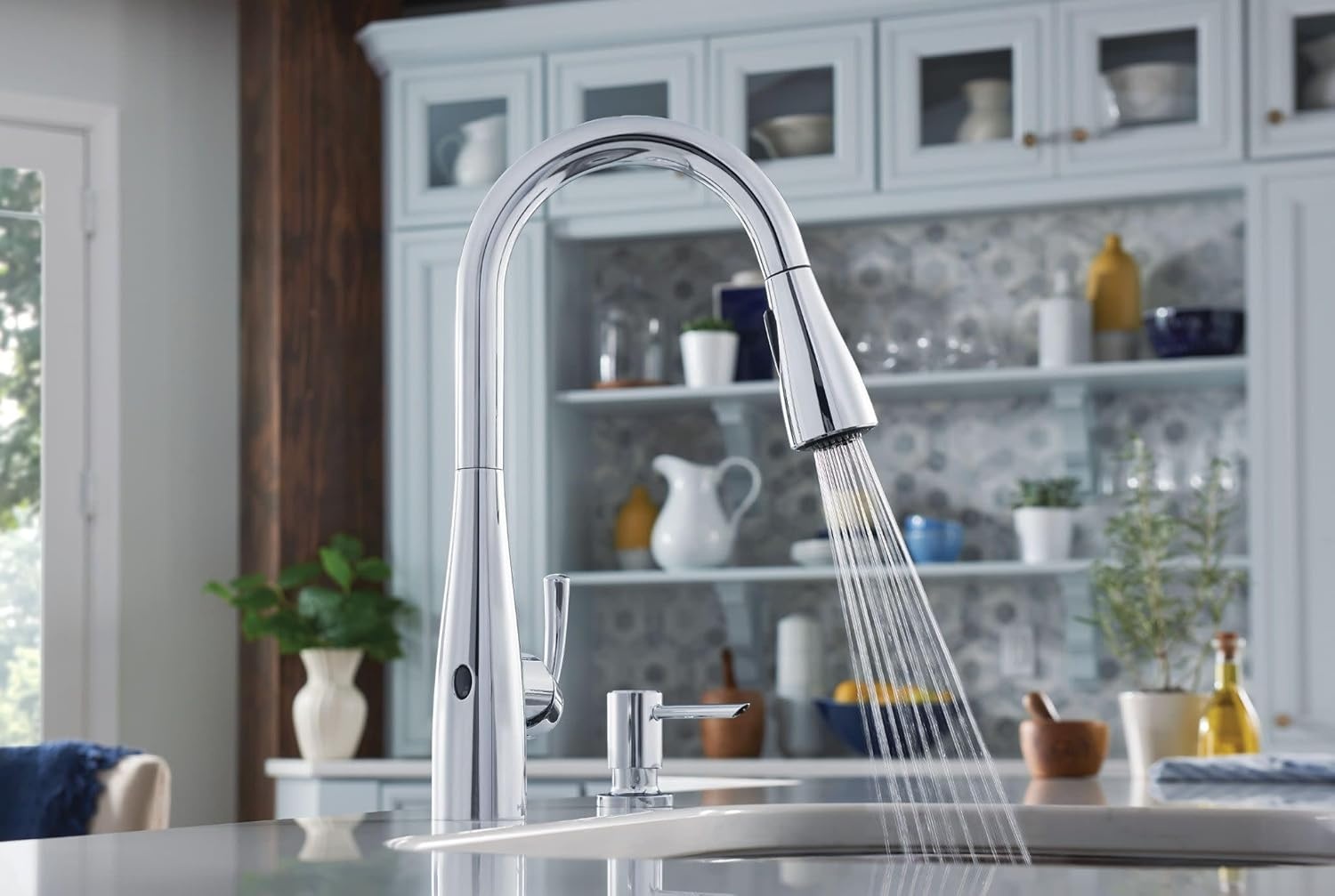 image:imageMoen Essie Matte Black Single Handle PullDown Sprayer Kitchen Faucet with Soap Dispenser Reflex and Power Clean Technology 87014BLChrome